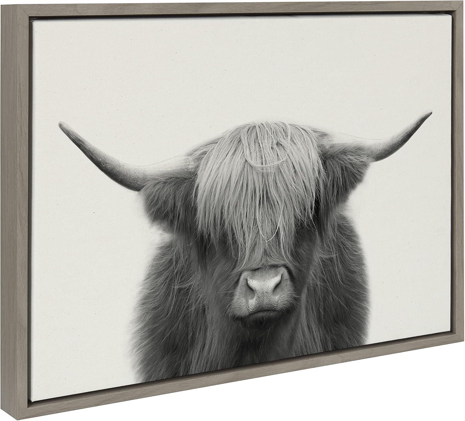 Kate and Laurel Sylvie Hey Dude Highland Cow Framed Linen Canvas by The Creative Bunch Studio, 18x24, Gray