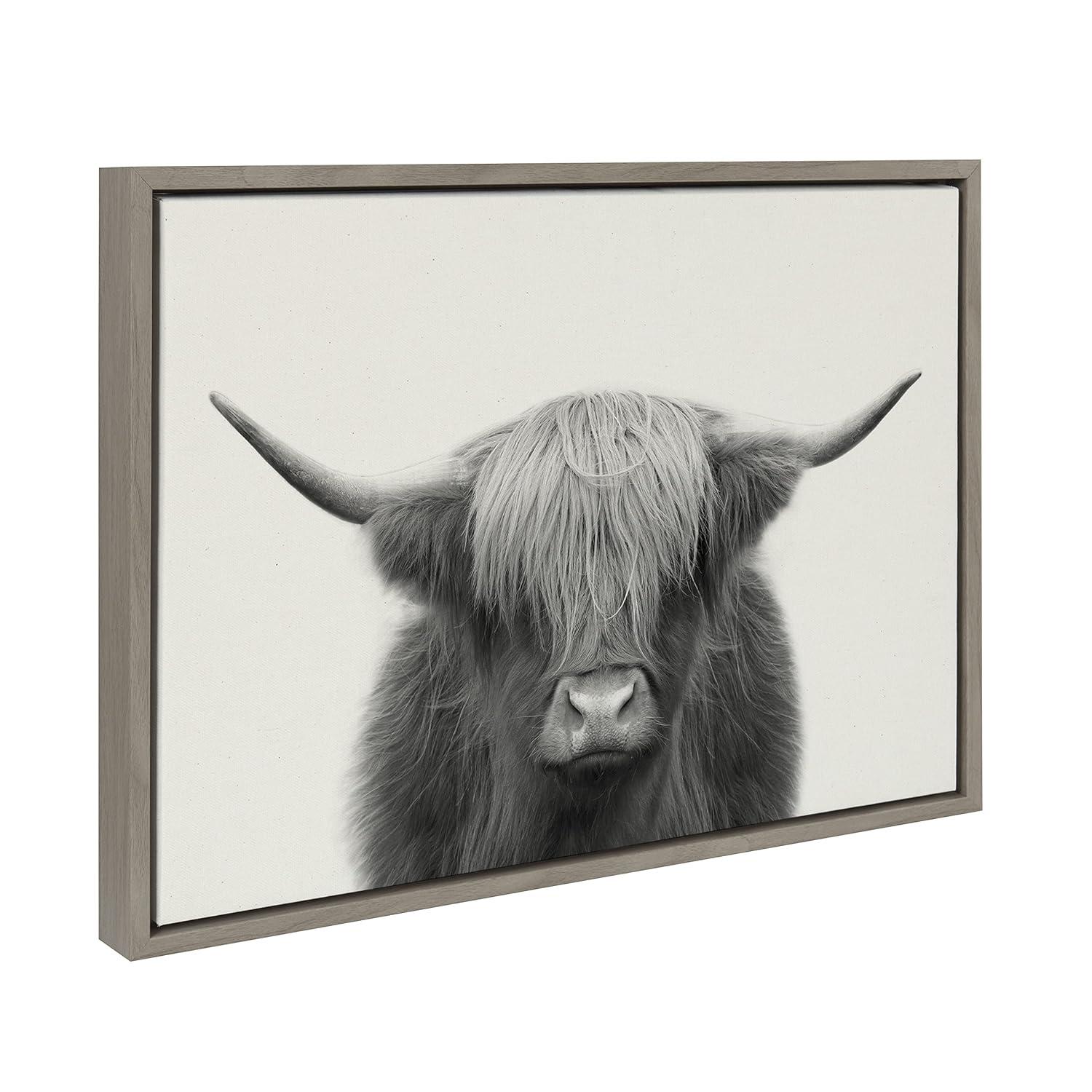 Kate and Laurel Sylvie Hey Dude Highland Cow Framed Linen Canvas by The Creative Bunch Studio, 18x24, Gray