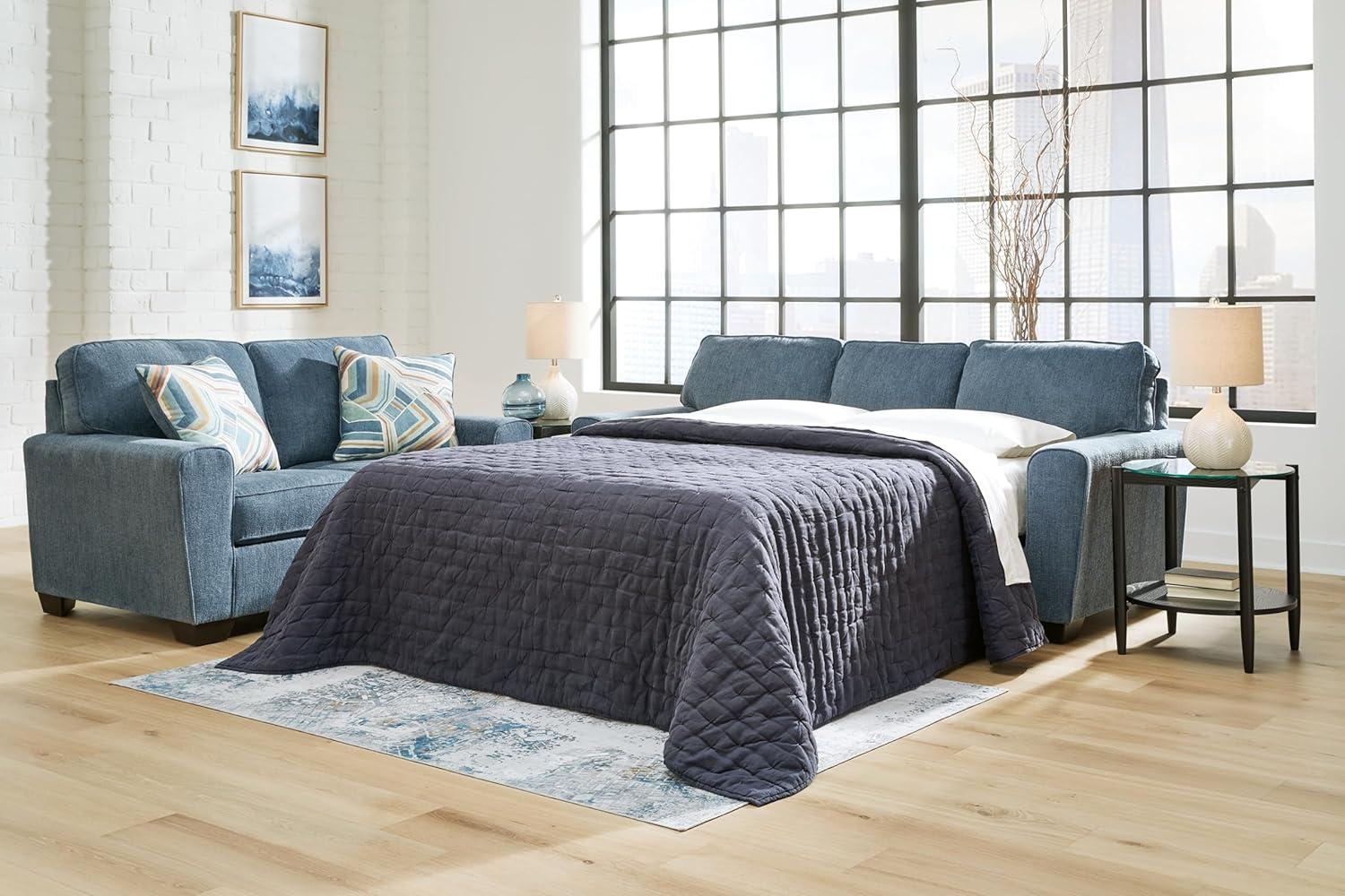 Blue Queen Memory Foam Fabric Sleeper Sofa with Track Arms