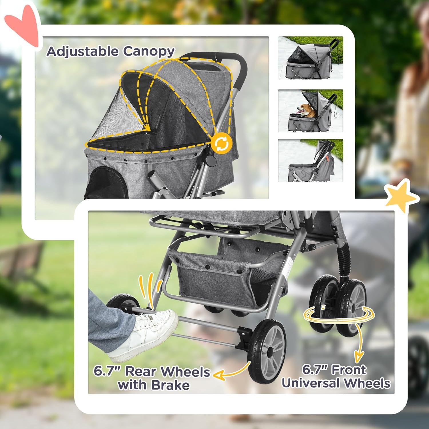 Gray Foldable Dog Stroller with Adjustable Canopy and Storage