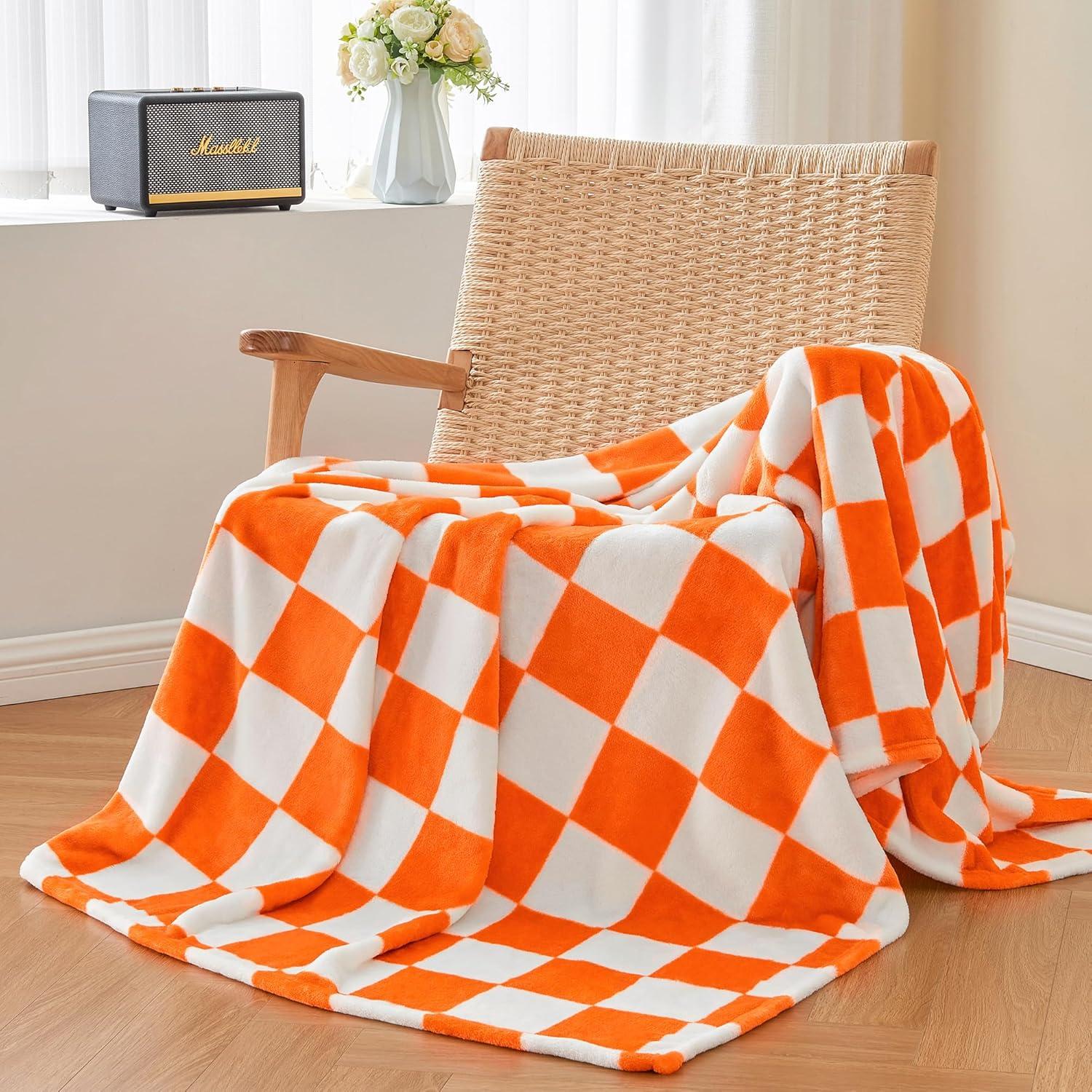 Checkered Throw Blanket for Couch and Bed, Luxurious Fleece Blanket with Checkerboard Grid Home Decor, Soft Cozy Orange and White Warm Blankets for Spring, 50"x60"