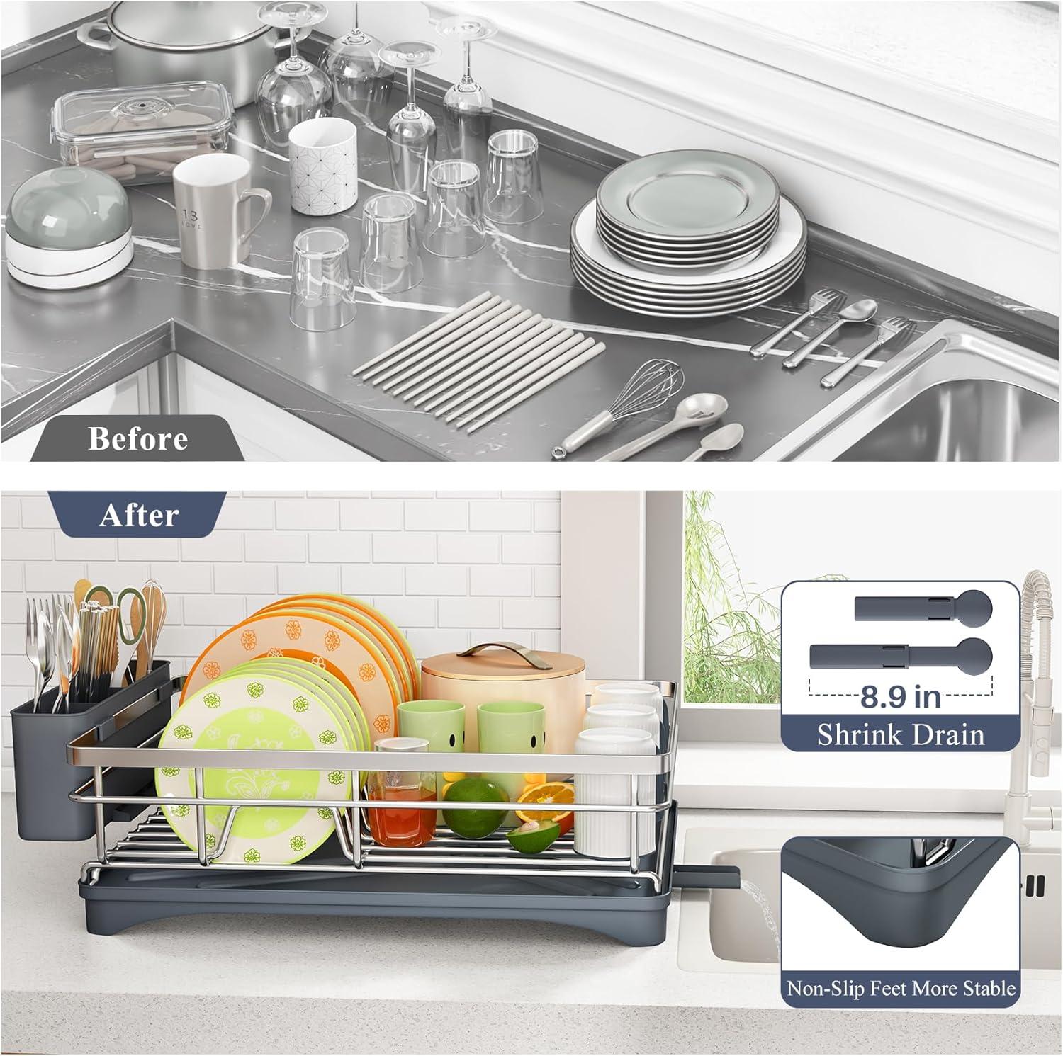 Dish Drying Rack - Stainless Steel Dish Rack for Kitchen Counter, Large-Capacity Dish Drainer with Cutlery Holder, Kitchen Organizer for Dishes, Spoons and Forks, Black