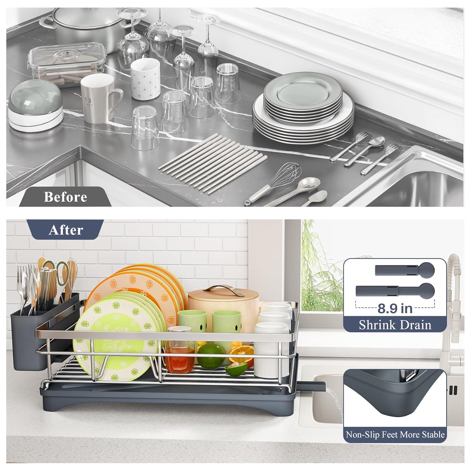 Dish Drying Rack - Stainless Steel Dish Rack for Kitchen Counter, Large-Capacity Dish Drainer with Cutlery Holder, Kitchen Organizer for Dishes, Spoons and Forks, Black