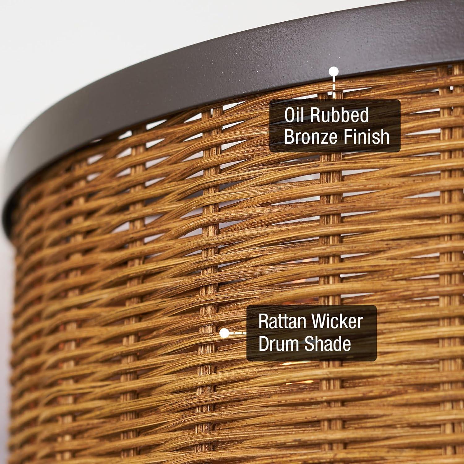 Kira Home Zora 15" 3-Light Modern Semi Flush Mount Ceiling Light + Rattan Wicker Drum Shade, Oil Rubbed Bronze Finish