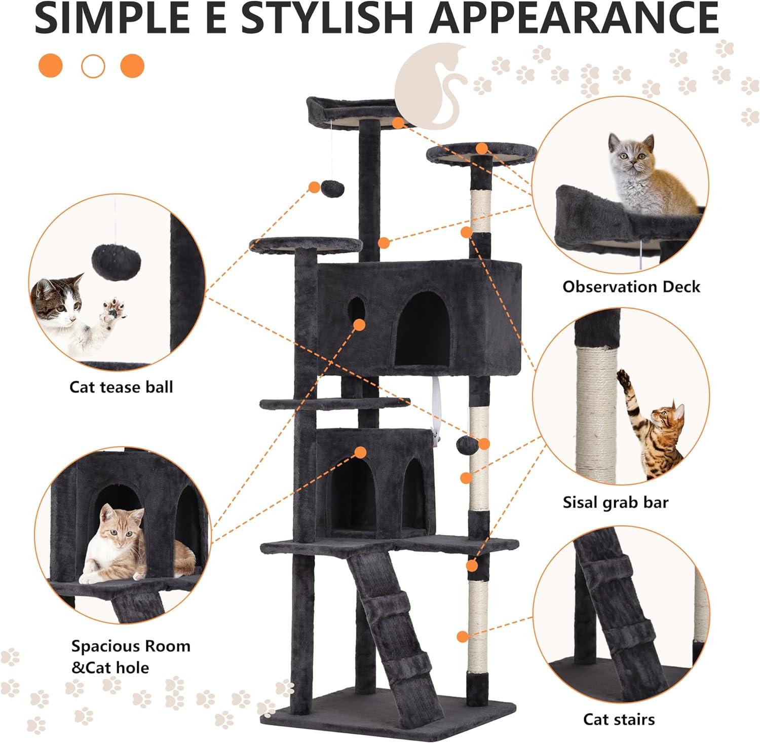 FDW 70in Cat Tree Tower for Indoor Cats,Munlti-Level Cat Furiture Activity Center with Cat Scratching Posts for Kittens Pet Play House,Dark Gray