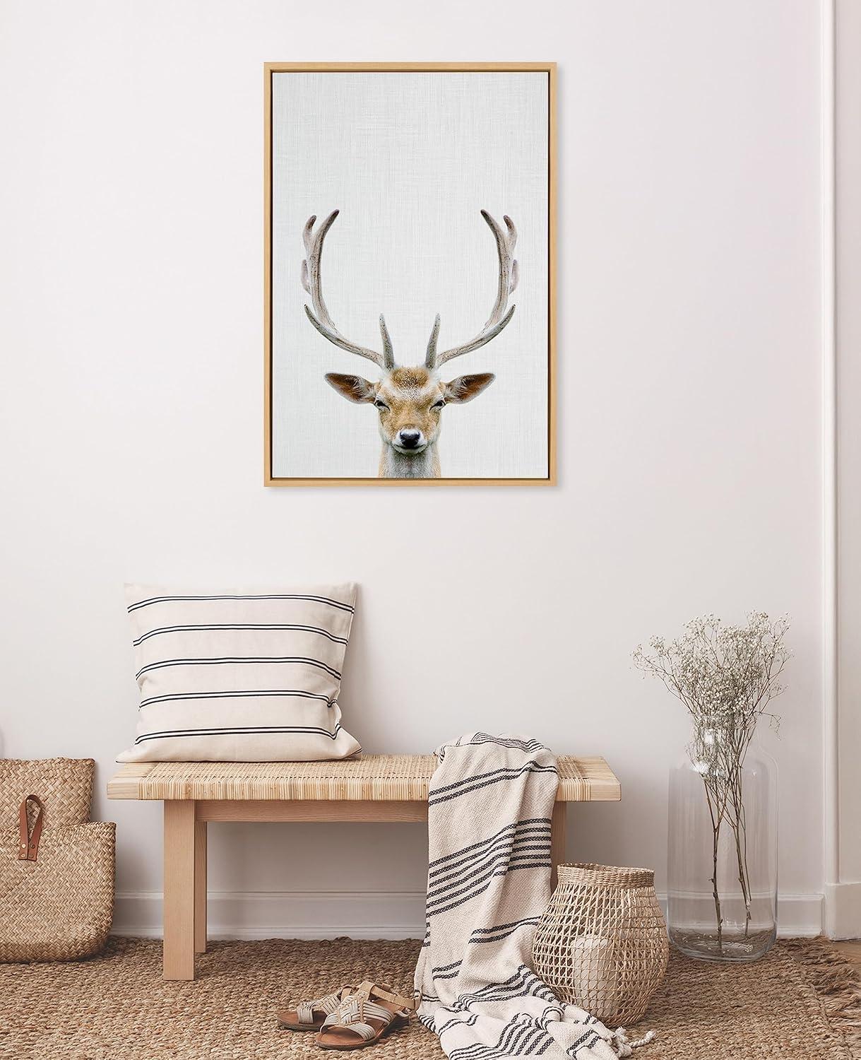 Kate and Laurel Sylvie Deer Color Framed Canvas Wall Art by Simon Te of Tai Prints, 23x33 Natural, Rustic Forest Animal Deer Portrait Art