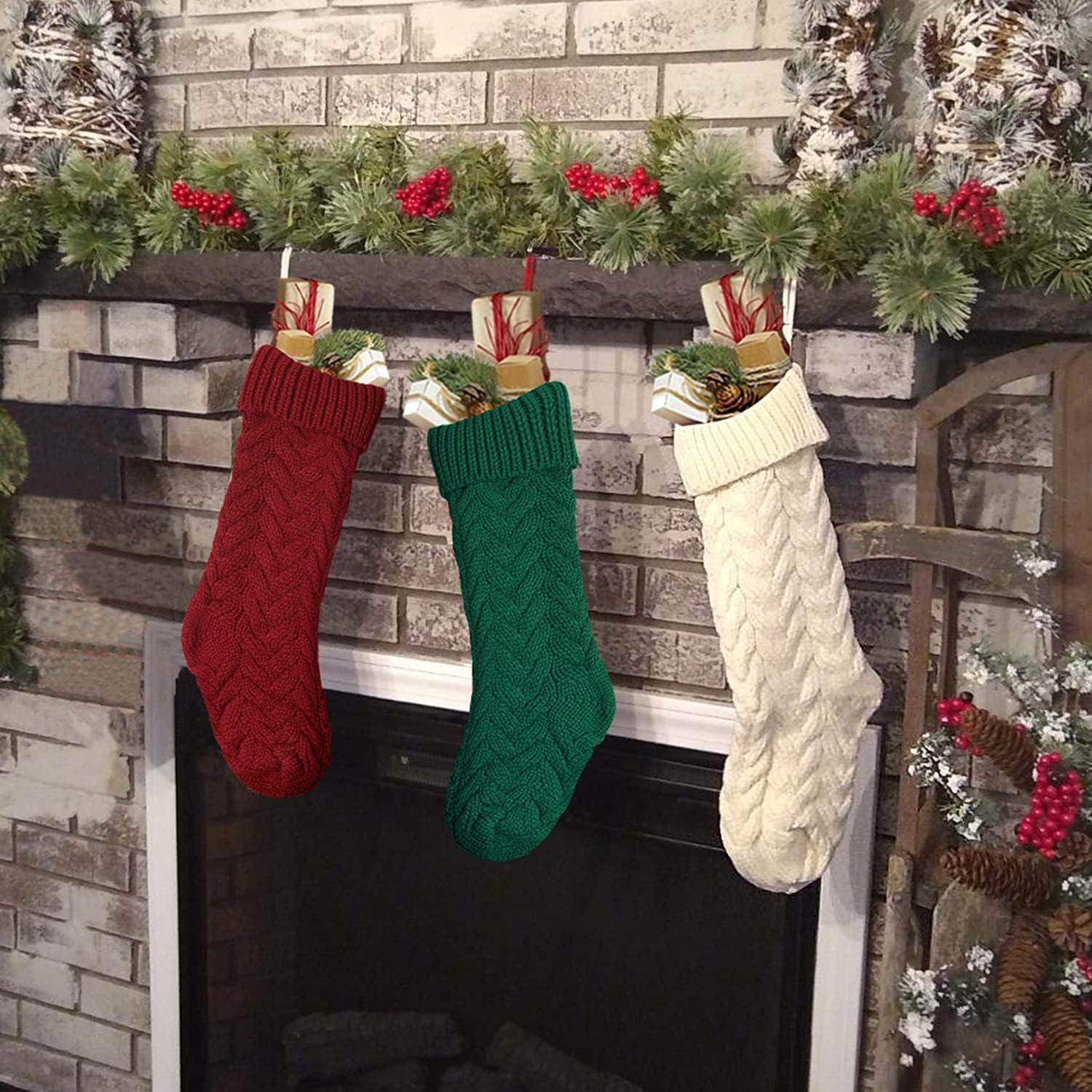 6pcs Christmas Stockings 18 inch Burgundy, Ivory, Green Vintage Cable Knit Xmas Stockings for Family Christmas DecoratioBurlap Christmas Stockings Xmas Fireplace Hanging Stockings,Truck Christmas Buf