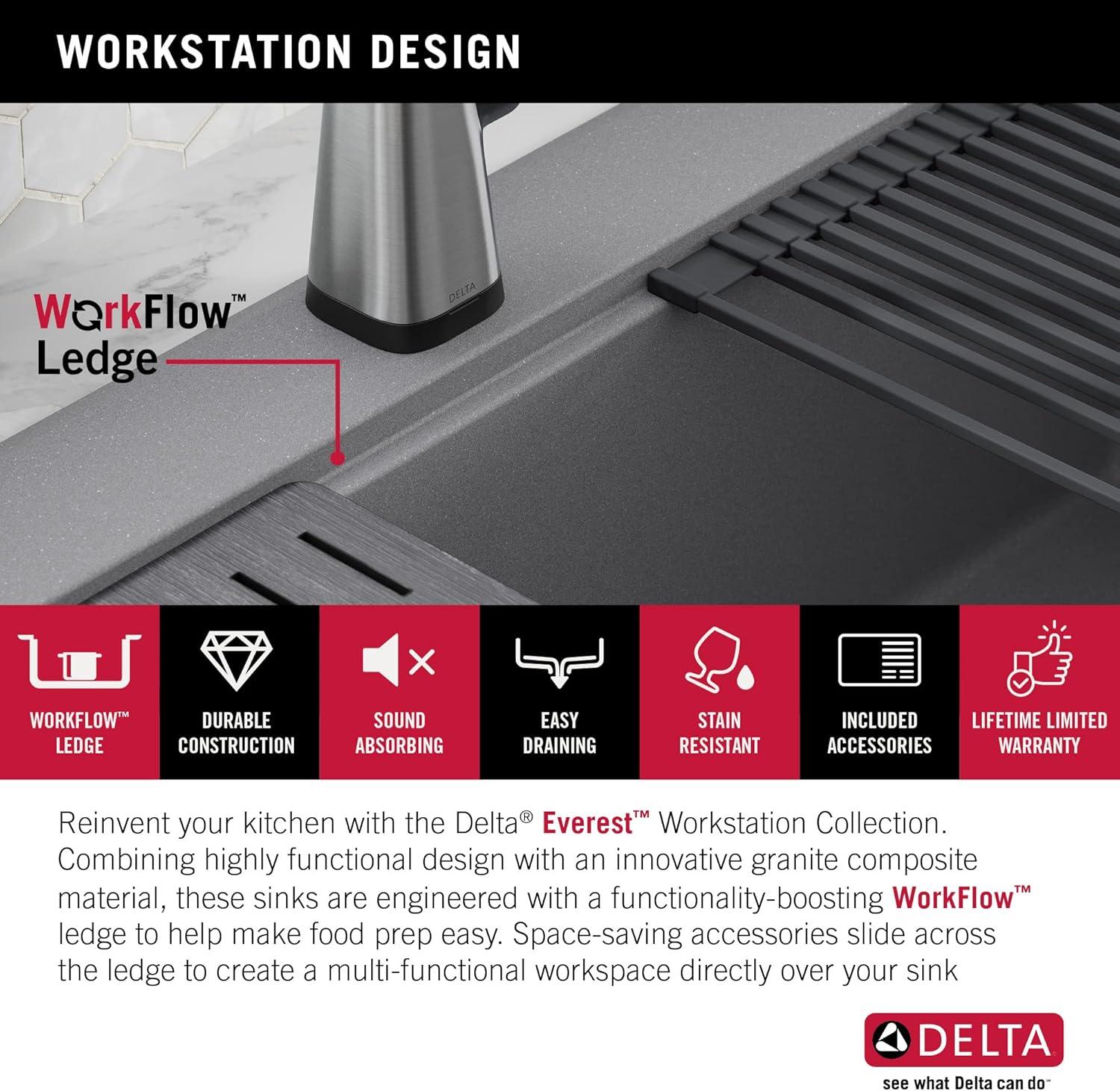 DELTA Everest™ 30" L Granite Composite Workstation Kitchen Sink Drop-In Top Mount Single Bowl with WorkFlow™ Ledge