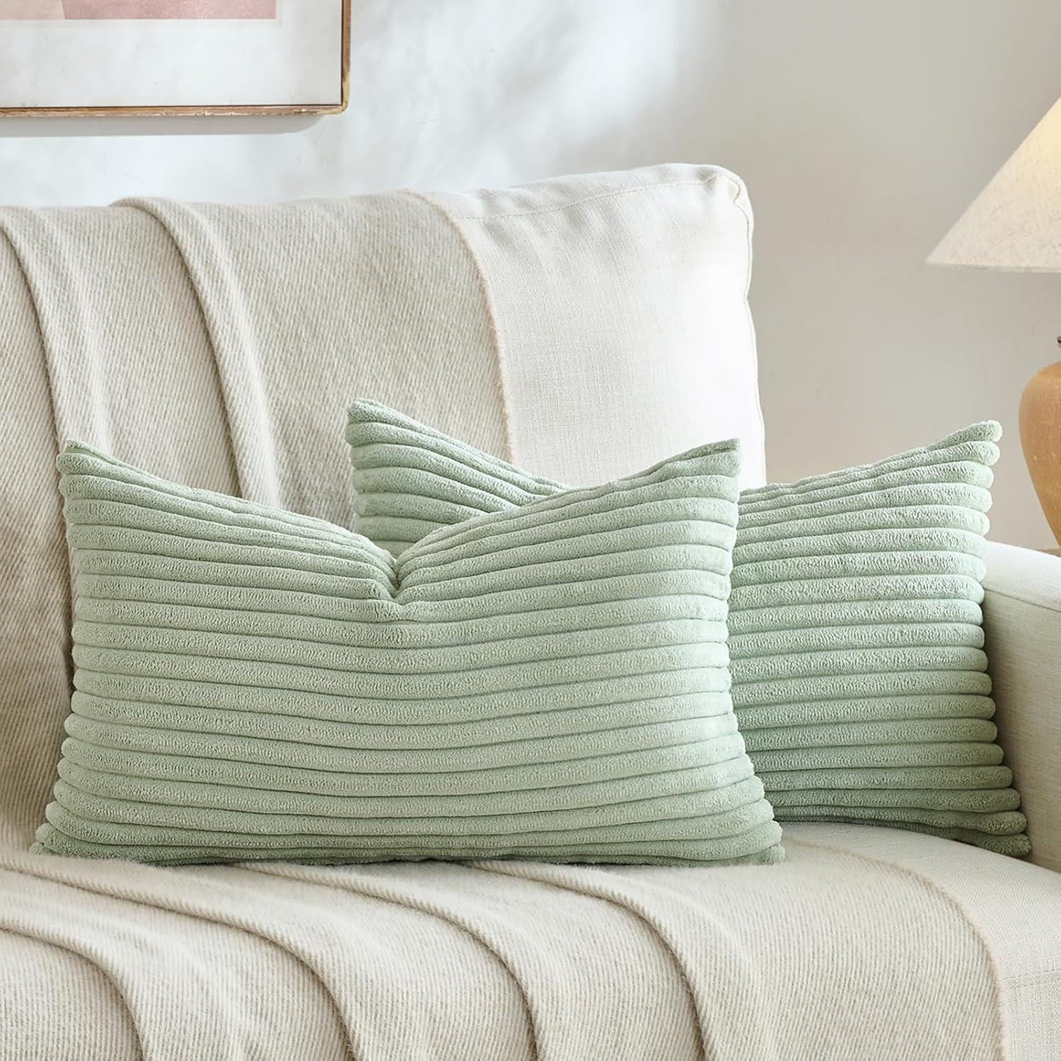 Boho Sage Green Striped Corduroy Pillow Covers - Set of 2 | Farmhouse Rectangle Cushion Cases for Sofa Couch Bed | Soft Decorative Throw Pillowcases - 12x20 Inch Home Decor