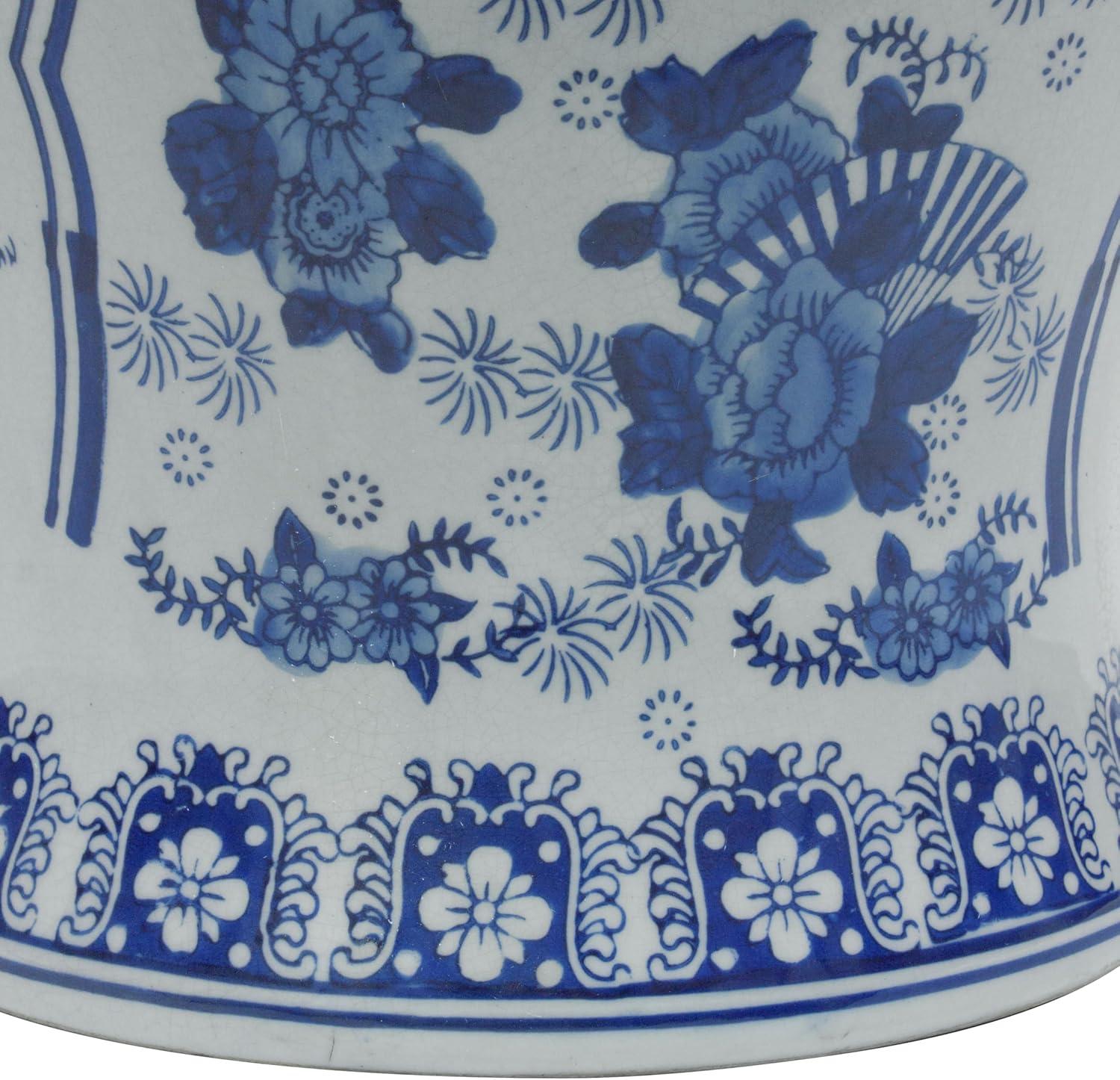 24" Floral Blue & White Porcelain Temple Jar