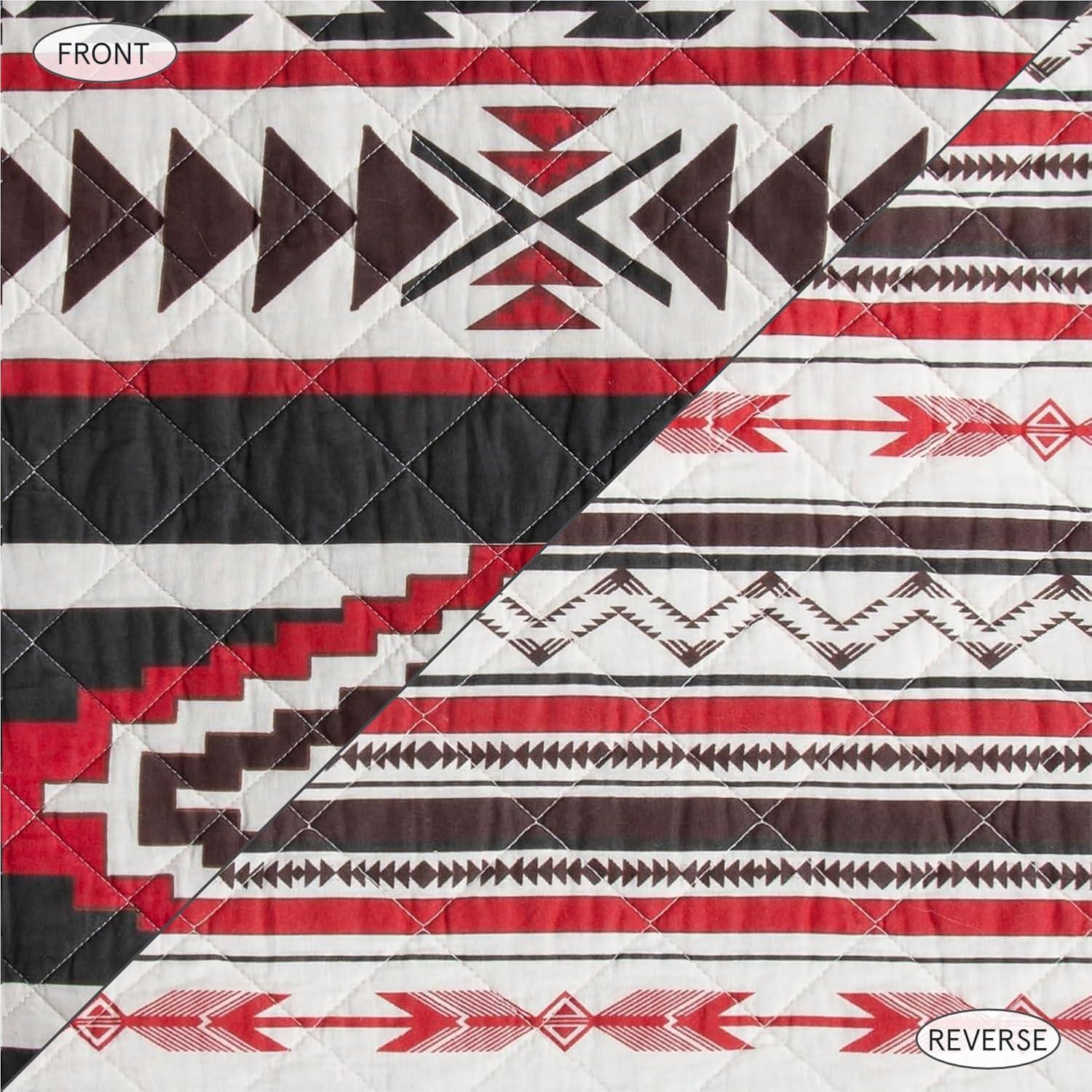 Cortez White Red Gray Brown Cotton Geometric Aztec Pattern Reversible Western Lodge Quilt Set