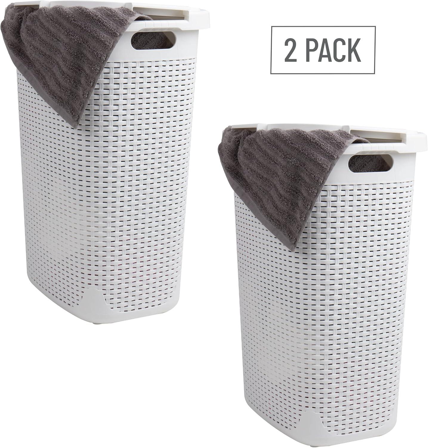 Mind Reader Mind Reader 60L Slim Laundry Hamper, Clothes Basket, Lid, Wicker Style, Plastic, 17.65"L x 13.75"W x 24.15"H, 2-Pack