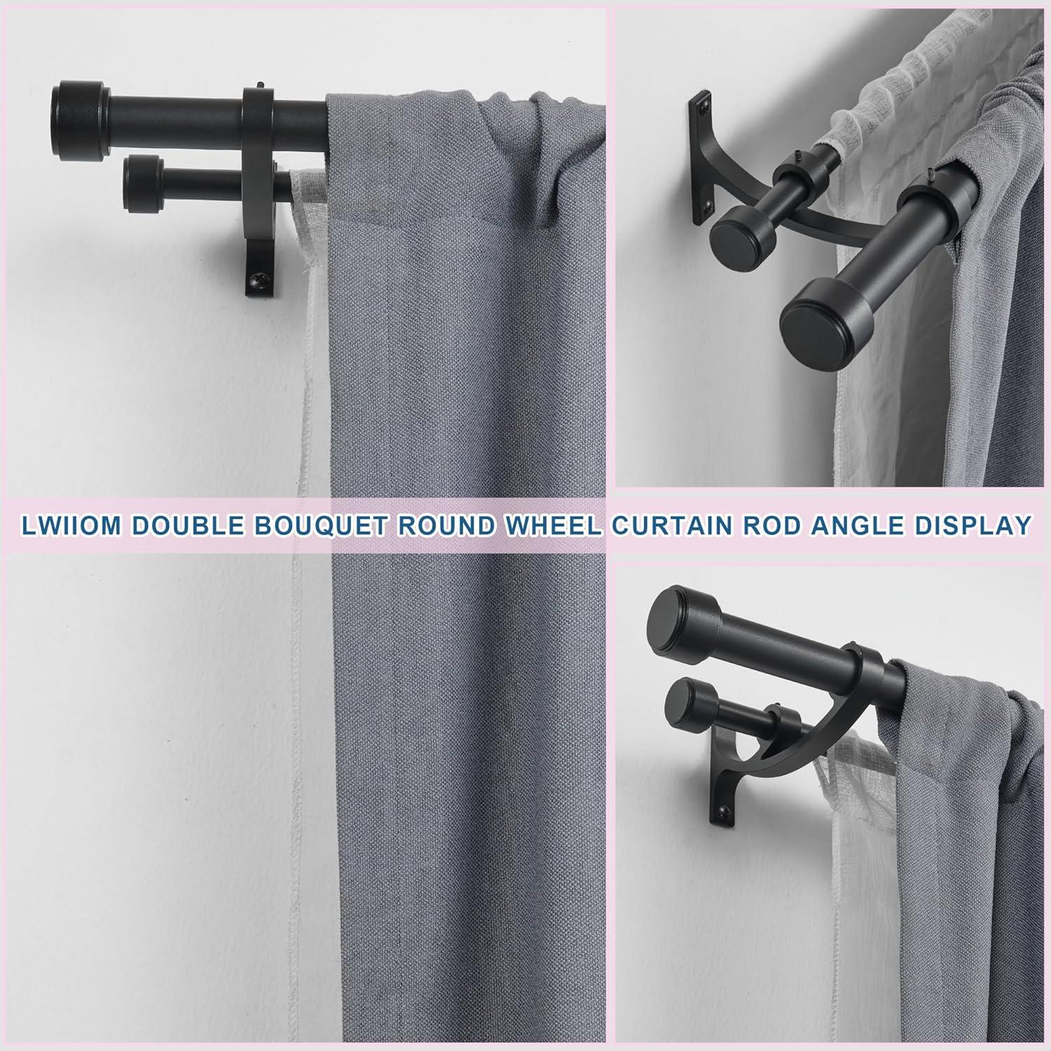 Exclusive Home 36"-72" Topper Double Curtain Rod - Matte Black: Adjustable Iron Set, 25 lb Capacity, Flat Cap Finial