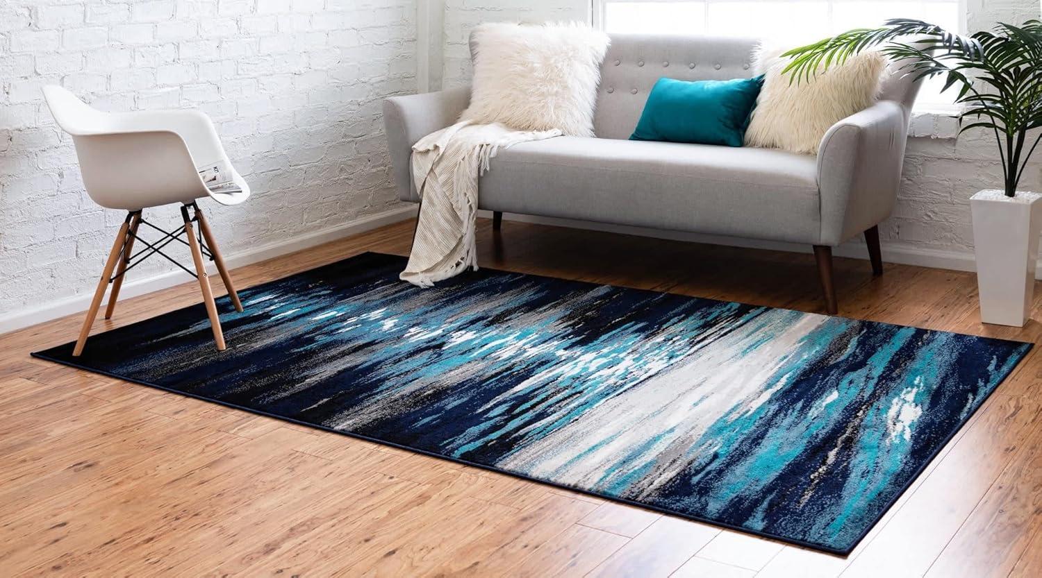 Navy Blue Abstract Rectangular Synthetic Indoor Rug, 7x10 ft