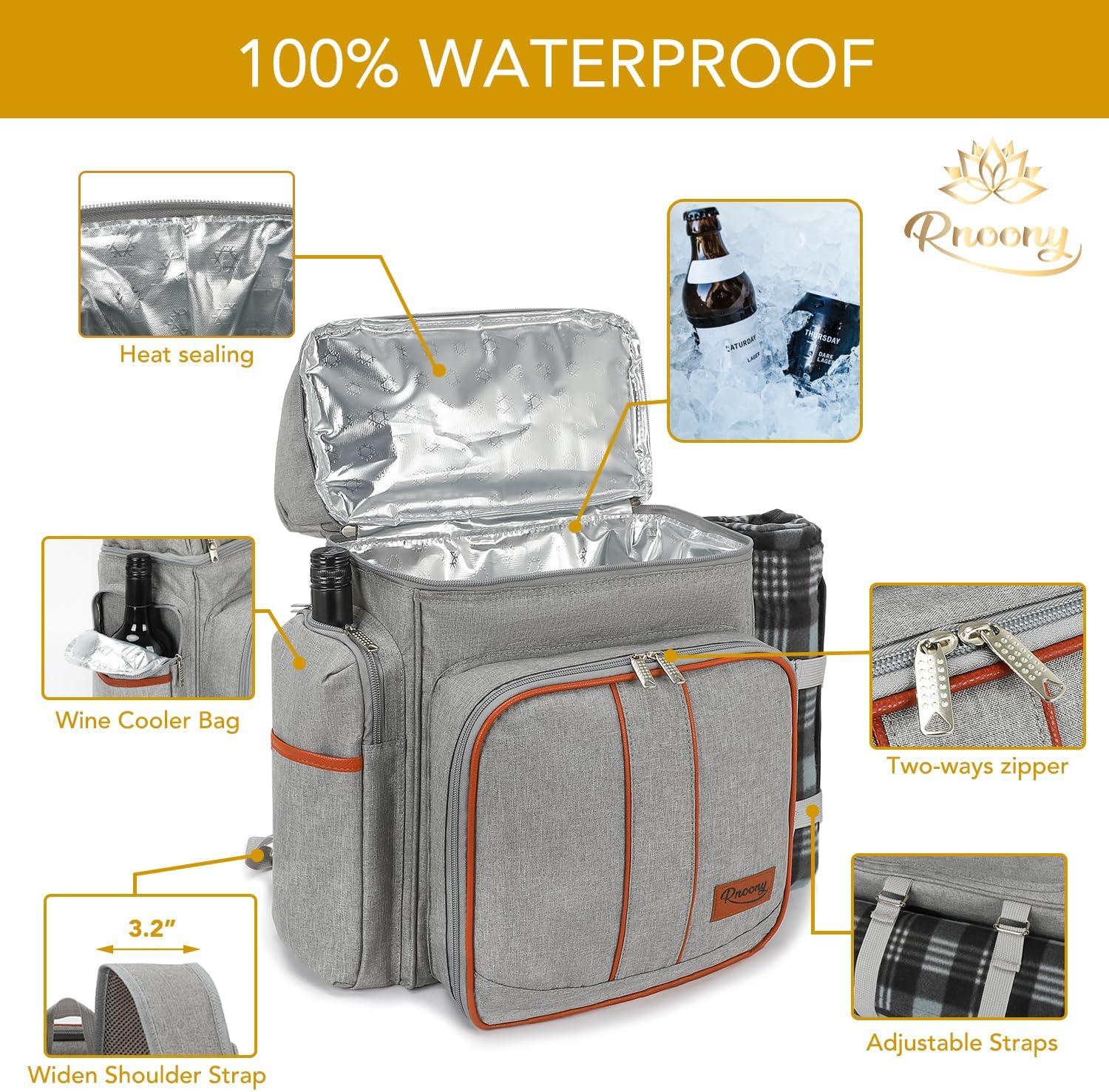 Gray Insulated Picnic Backpack with Blanket and Cutlery Set