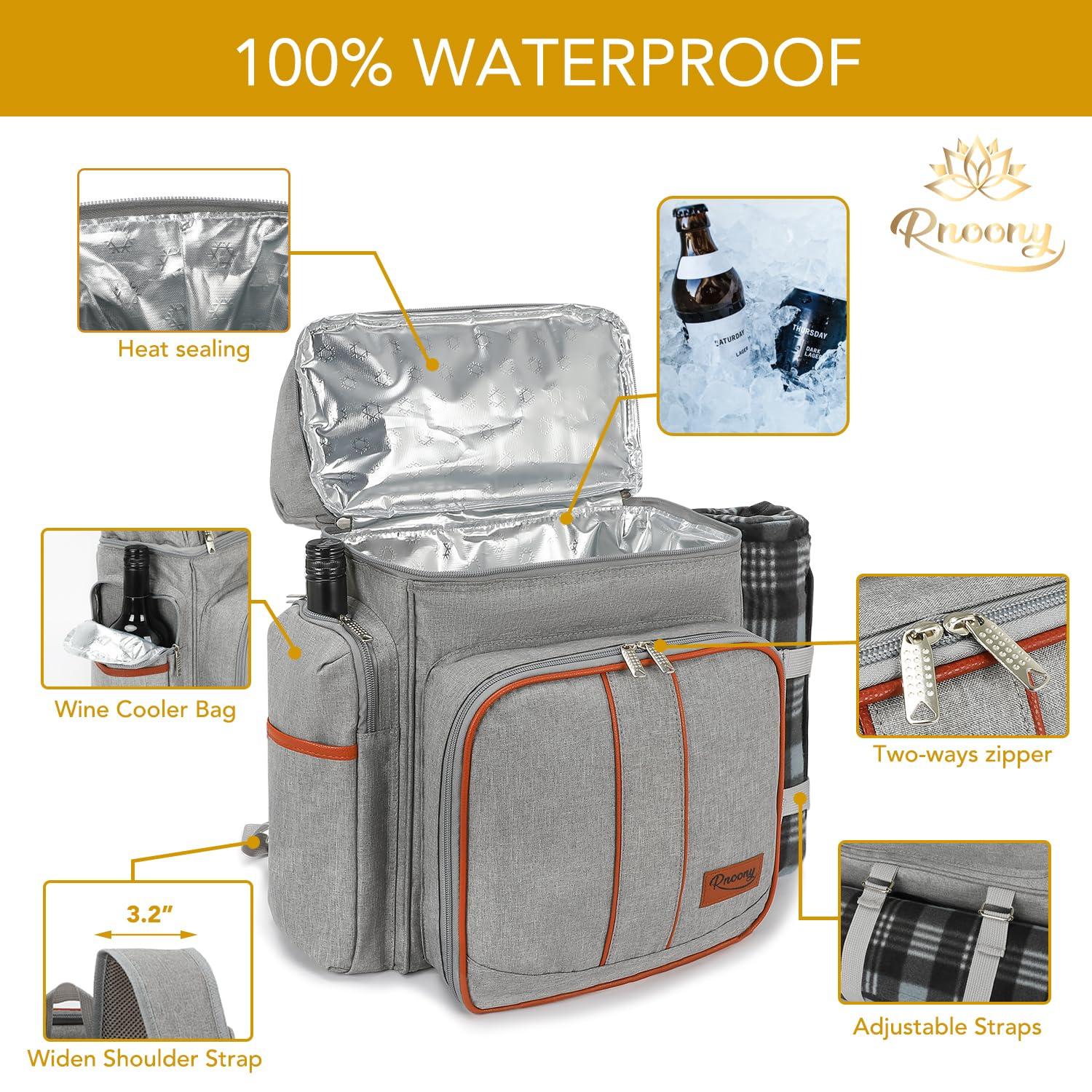 Gray Insulated Picnic Backpack with Blanket and Cutlery Set