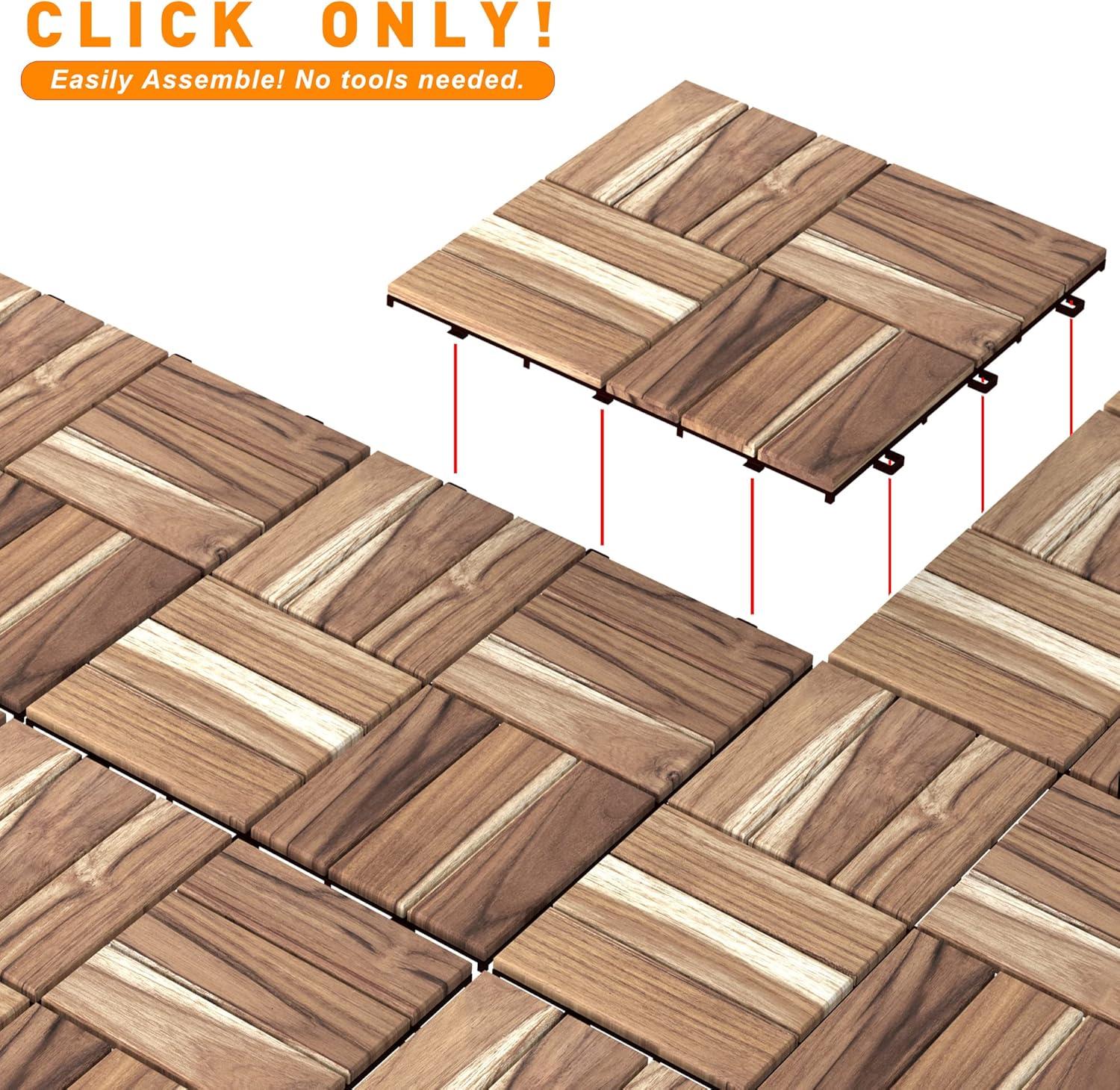 Unfinished Teak Wood Interlocking Deck Tiles, 12" x 12", Pack of 10