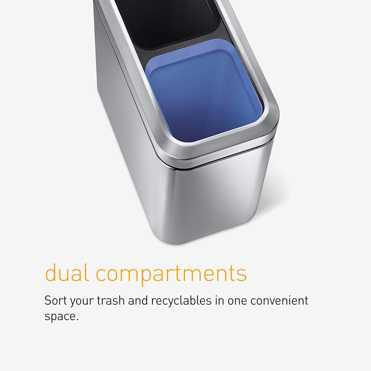 simplehuman 20L Dual Compartment Commercial Recycling Trash Can Slim White Steel Open Top Garbage Bin