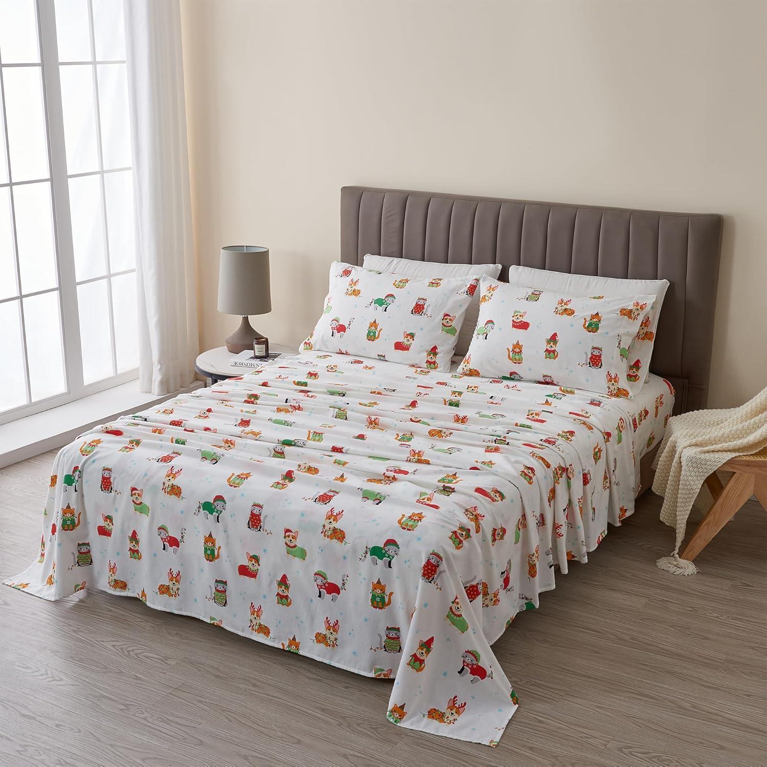 Queen Size Dog Cat Christmas Cotton Flannel Sheet Set