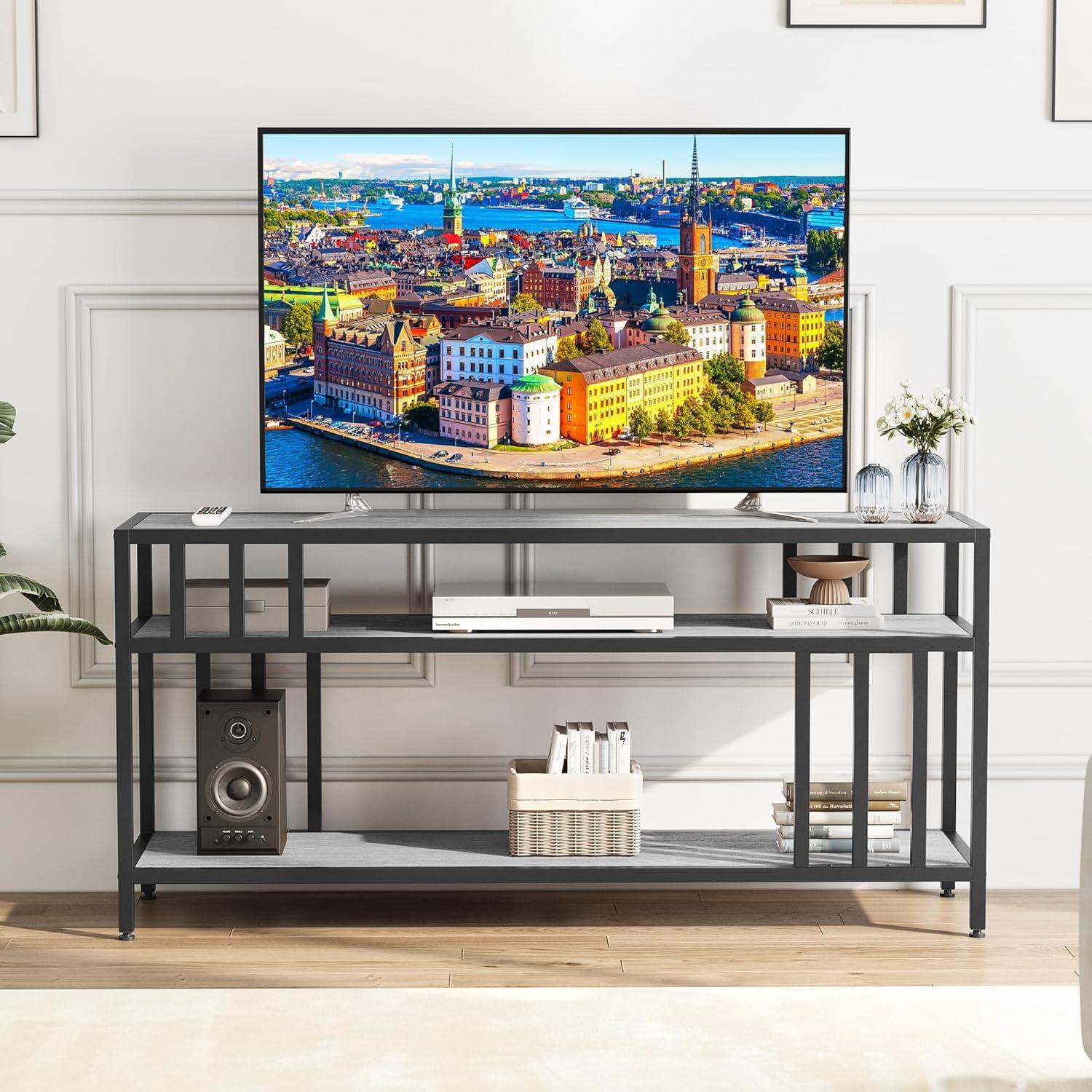 GarveeHome 58'' TV Stand for TV up to 65 Inches, Entertainment Center with Open Storage Shelves, TV Media Console Table with Quadruple-Tube Support for Living Room, Bedroom - 58" Grey