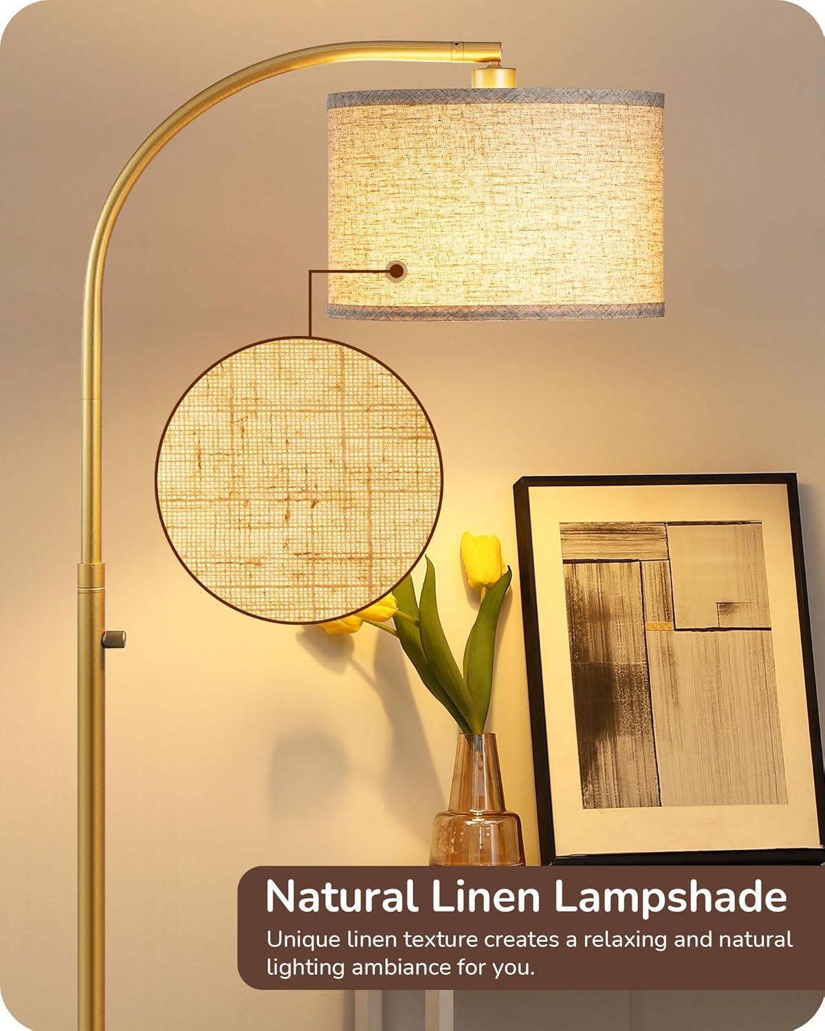 EDISHINE Modern Arc Floor Lamp with Beige Linen Drum Shade & Heavy Base, Dimmable Black Reading Light, Remote Control Bulb Included, Tall Standing Lamp for Reading, Office, Lighting