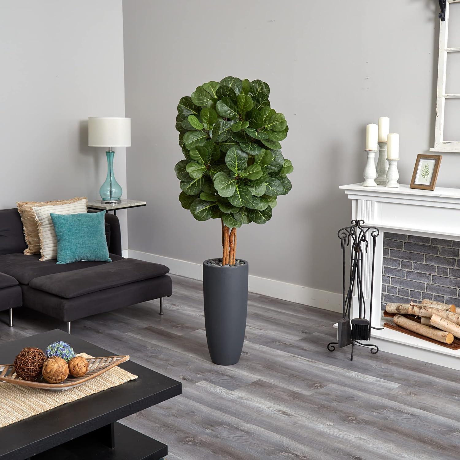 Nearly Natural 5.5-ft Fiddle Leaf Artificial Tree in Gray Cylinder Planter