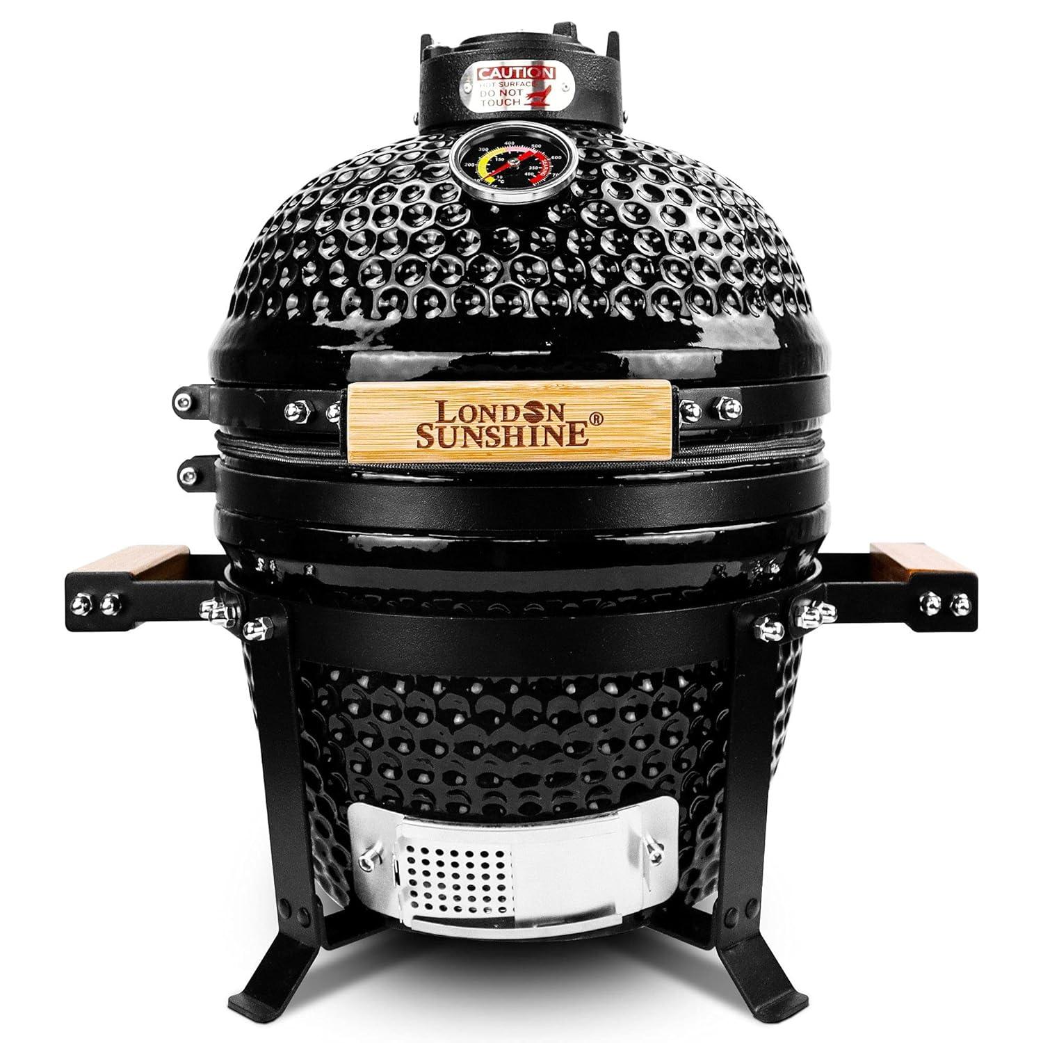 Ceramic BBQ Charcoal Kamado Grill 13 inch Portable Tabletop BBQ Grill with Stainless Steel Grates Black, Black
