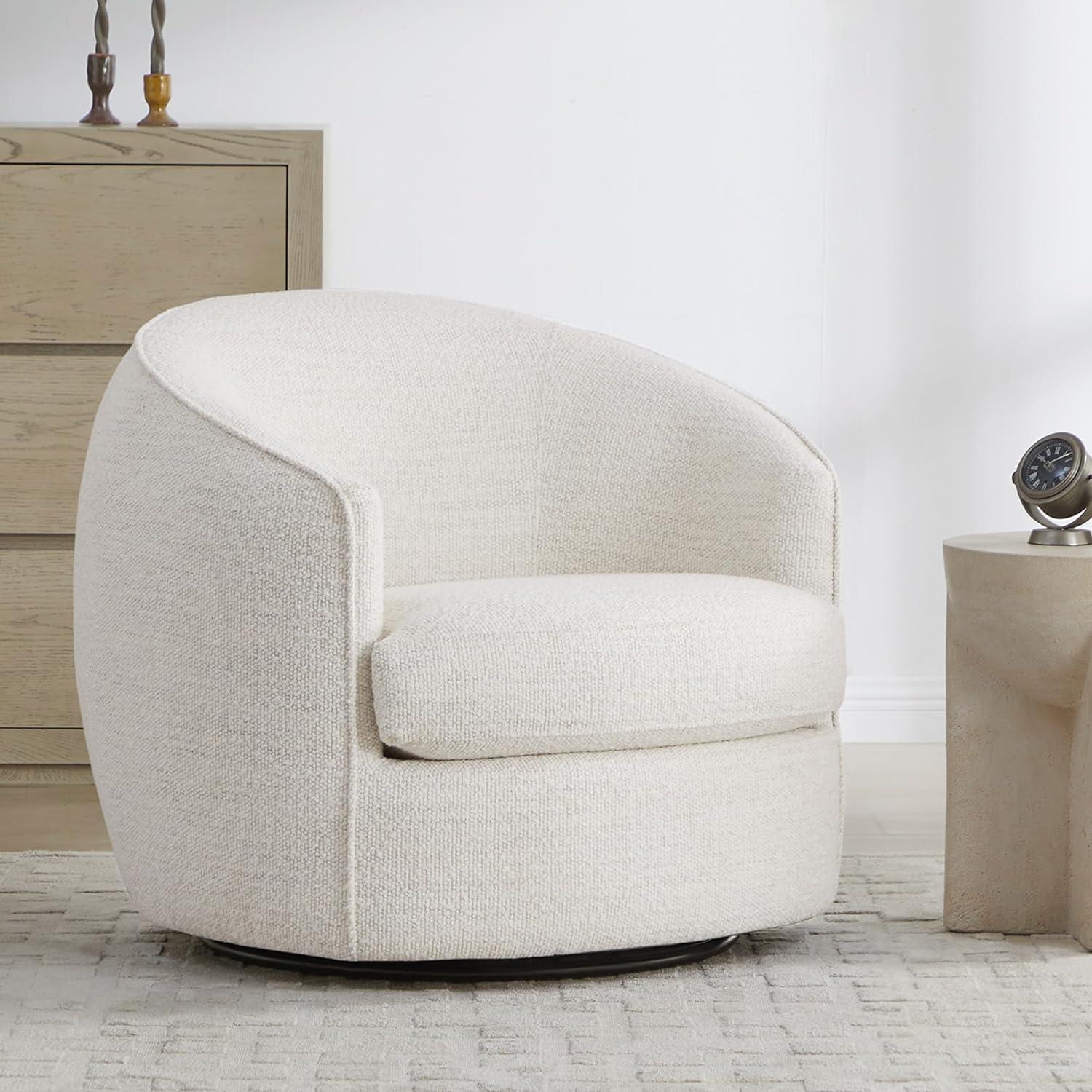 Cream Boucle Swivel Barrel Chair with Wood Frame