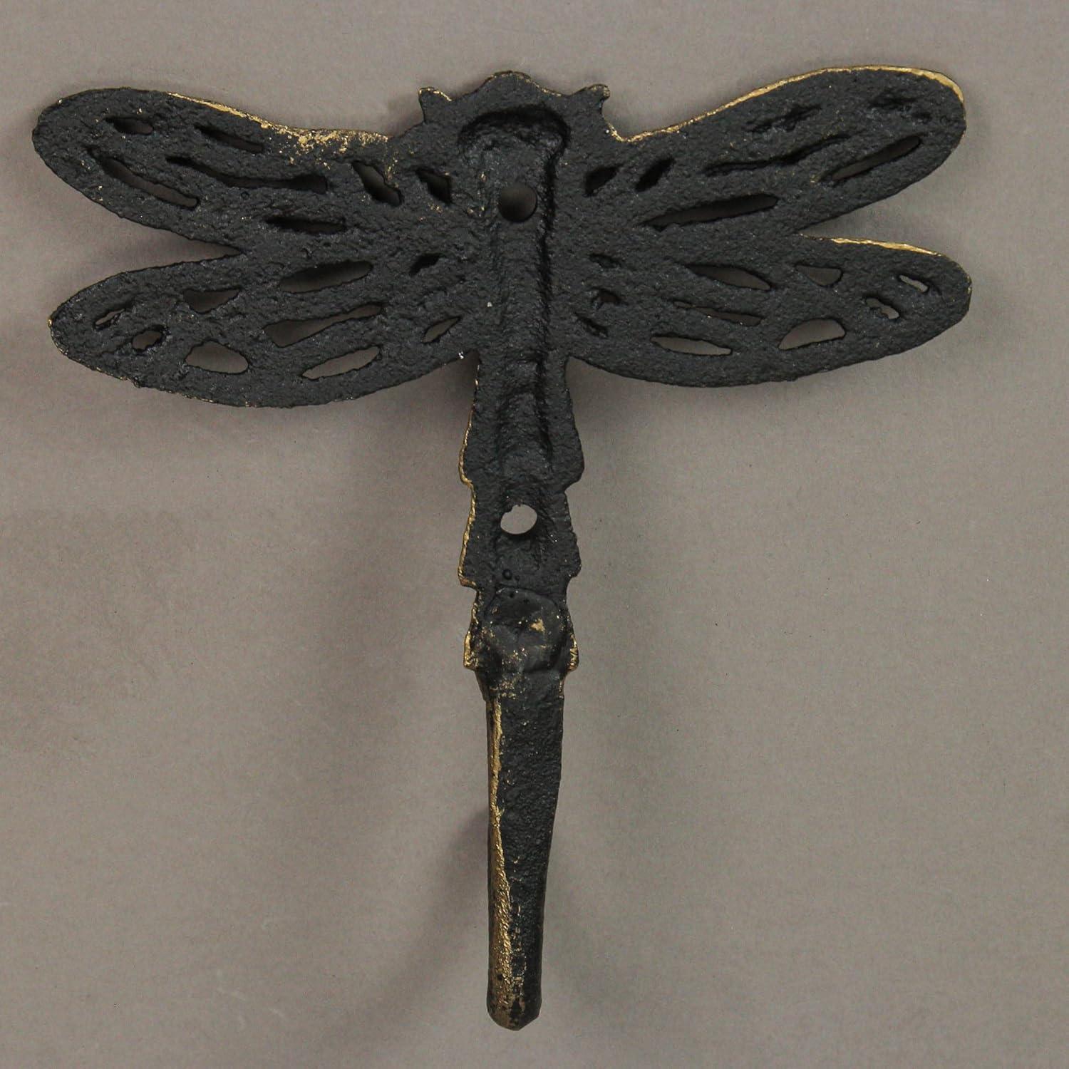 Zeckos Gold Cast Iron Dragonfly Wall Hook 5 inch Home Decor Set of 3