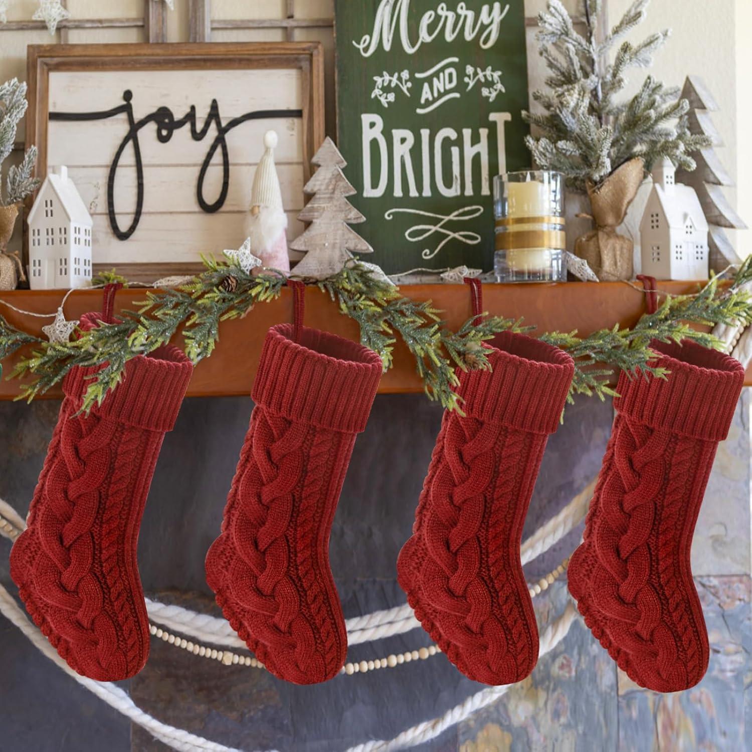 Christmas Stockings, 4 Pack Personalized Christmas Stocking 18 IN Large Cable Knitted Stocking Decorations for Family Holiday Xmas Party Decor, Red