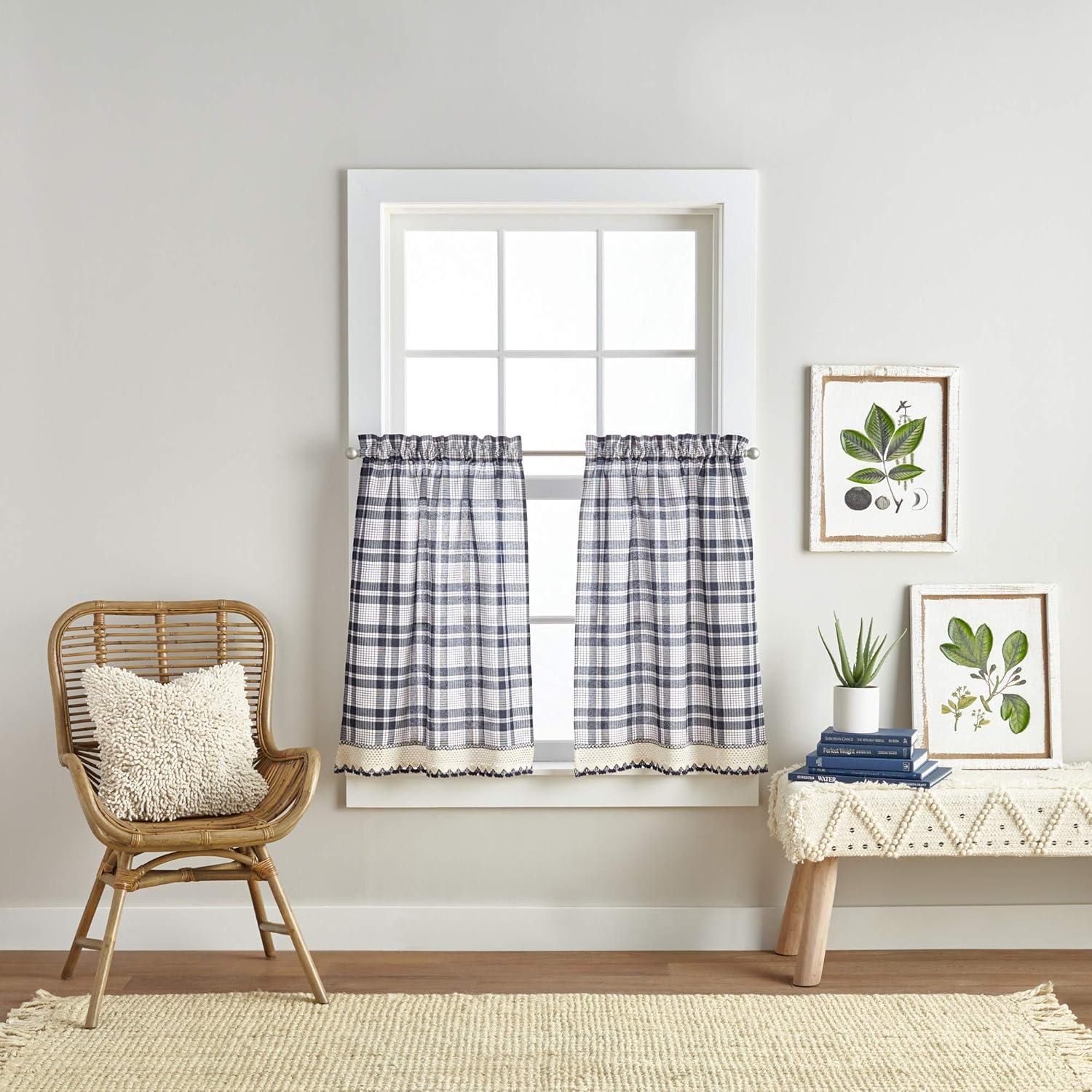 Navy Plaid Cotton Polyester Light-Filtering Rod Pocket Tier Curtains