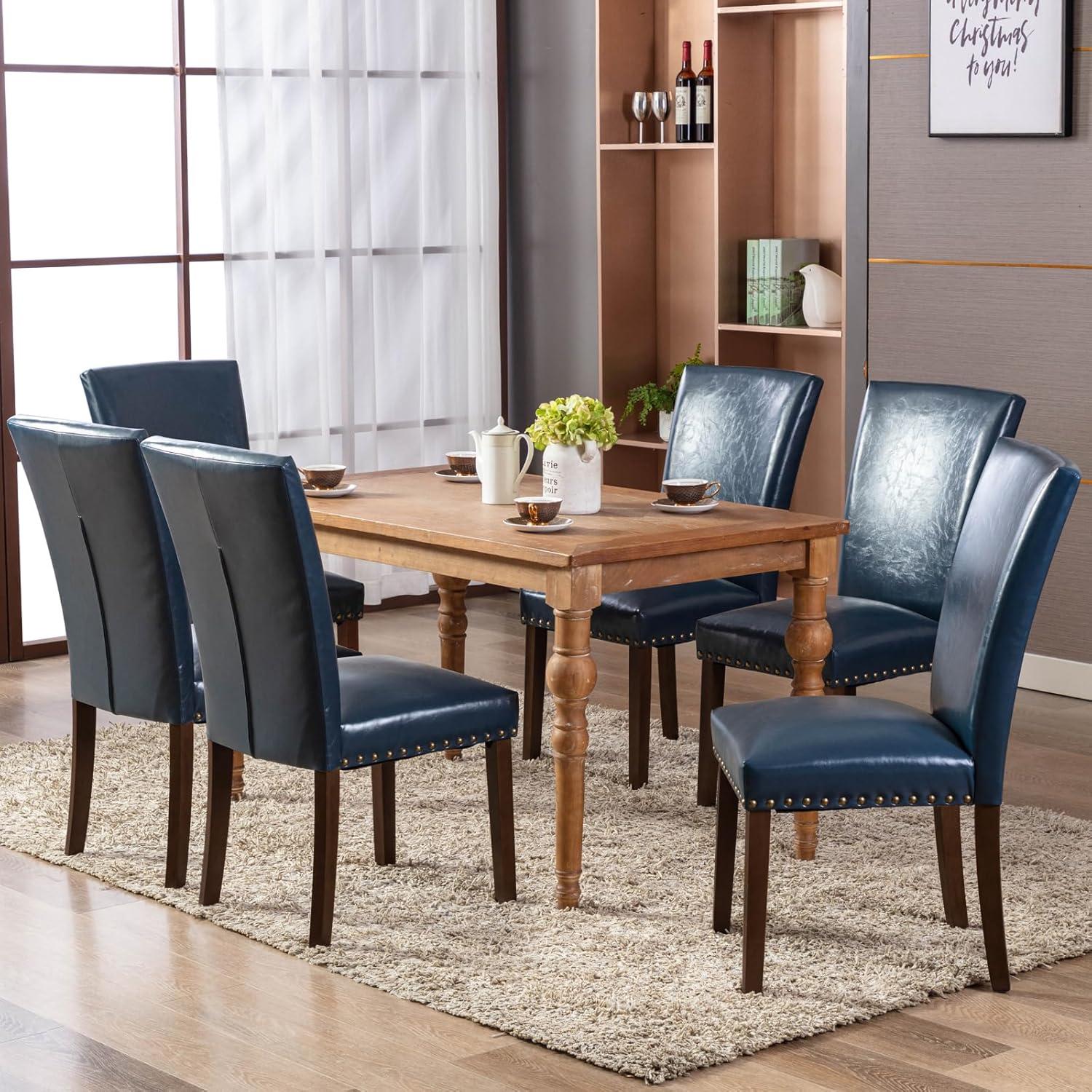 Prussian Blue Faux Leather Parsons Dining Side Chairs with Walnut Wood Legs