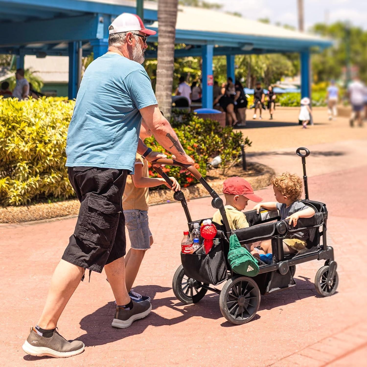HARPPA Foldable Wagon Stroller for 2 Toddlers with Pull & Push Handle, Canopy, 32.9lbs, Black