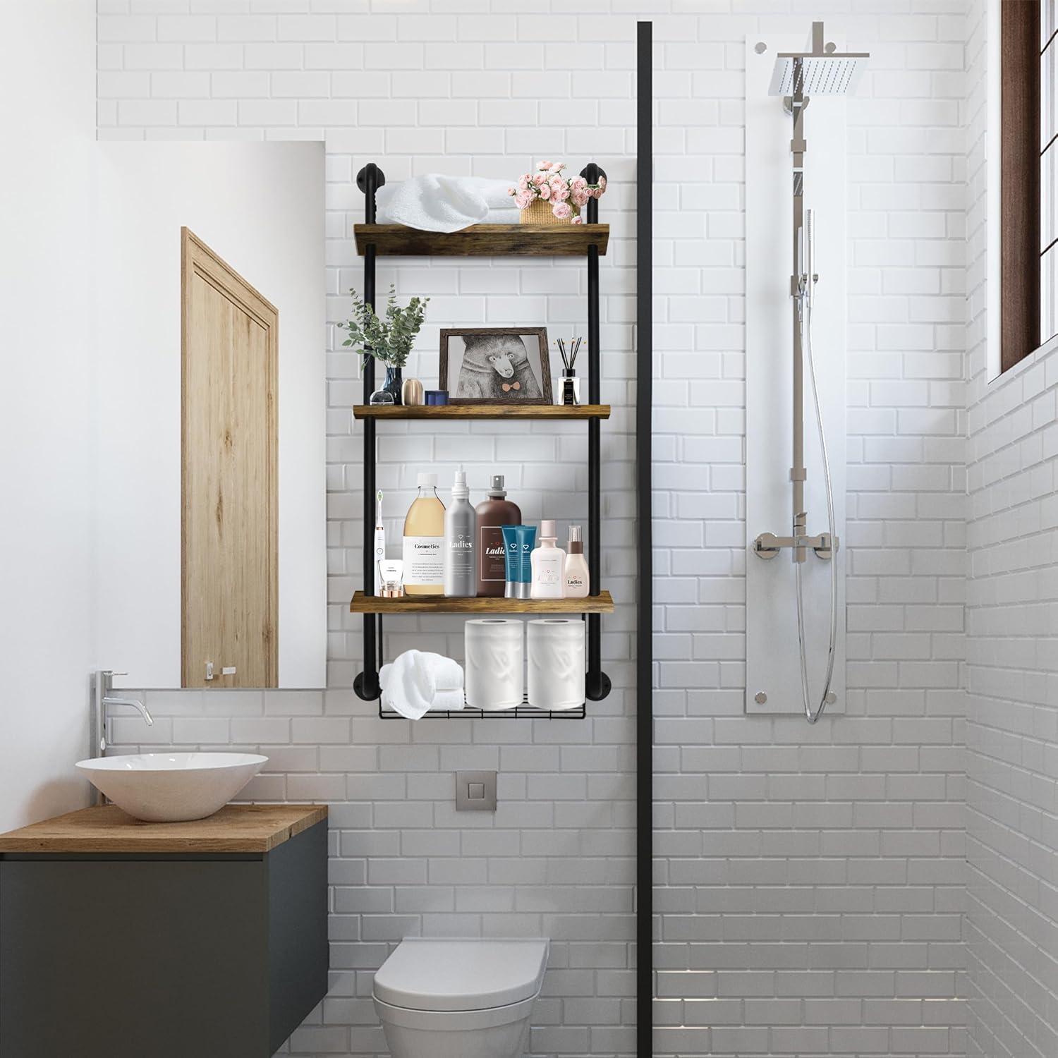 3-Tier Wall Mounted Floating Shelves with Basket, Easy Assemble Industrial Pipe Shelving, Anti-Rust for Bathroom, Kitchen, Bedroom - 44.5 * 16.9 inch