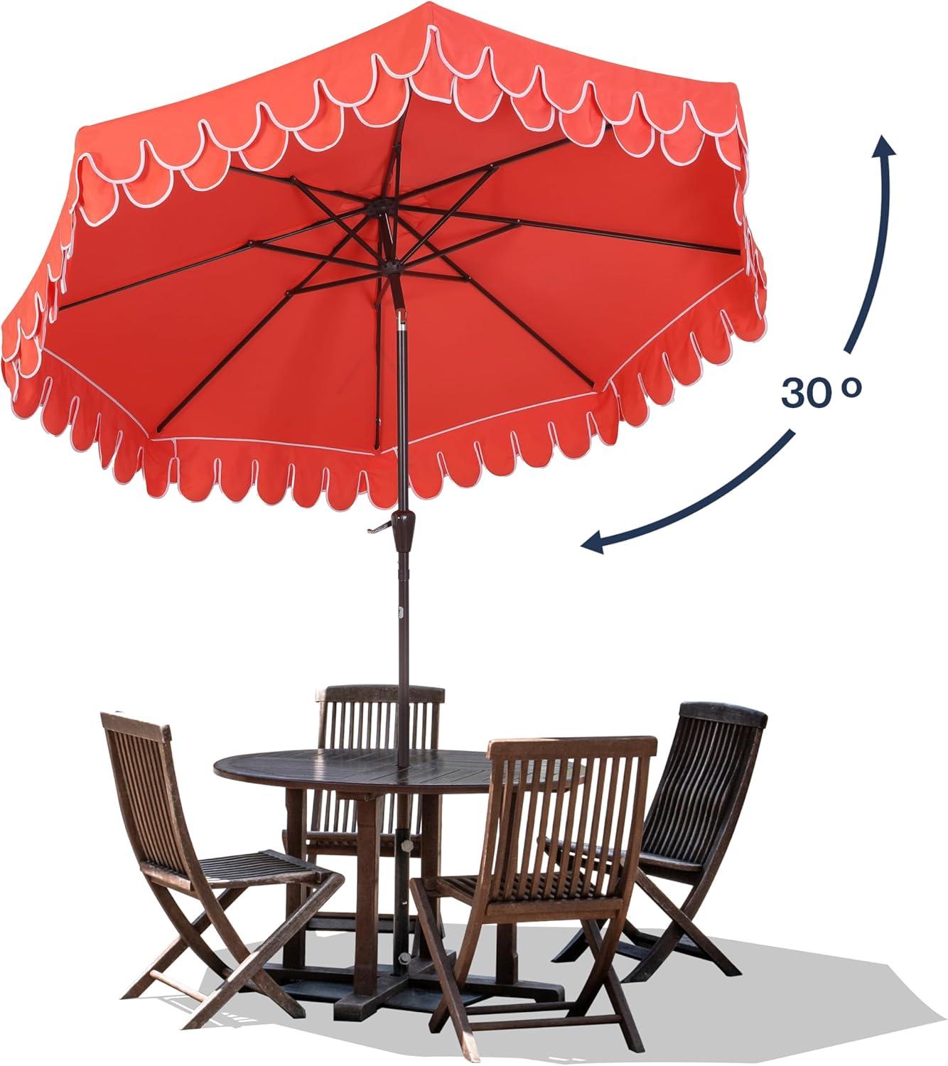 Red Barrel Studio® Beeliar 9 ft. Classic Scalloped Fringe Market Patio Umbrella with Auto-Tilt, Crank, and UV Protection