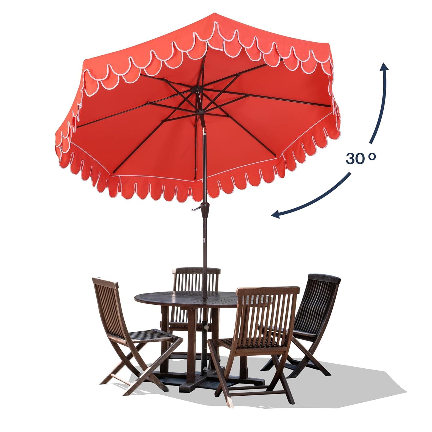Red Barrel Studio® Beeliar 9 ft. Classic Scalloped Fringe Market Patio Umbrella with Auto-Tilt, Crank, and UV Protection
