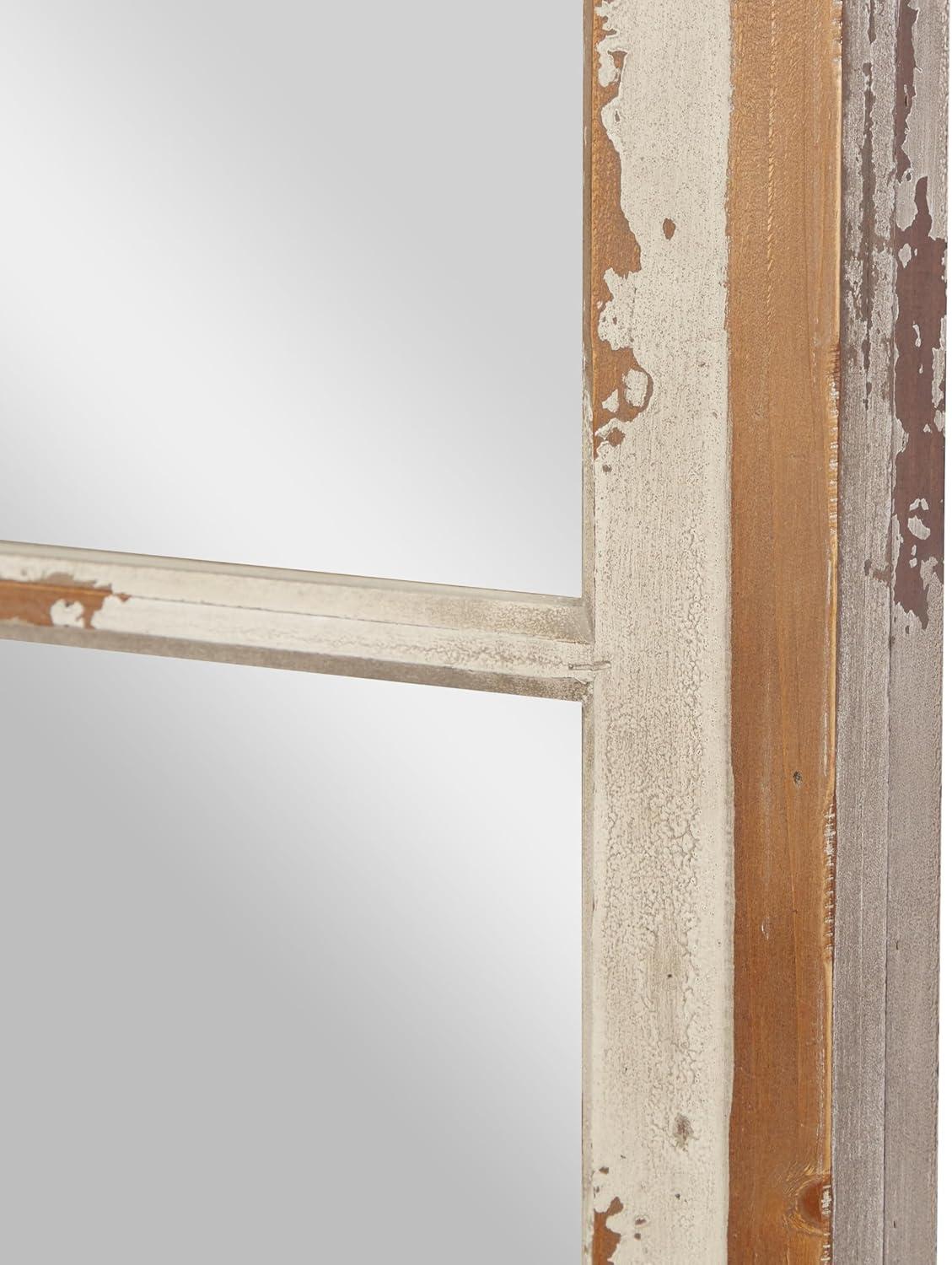 Wood Window Panes Inspired Wall Mirror with Arched Top and Distressing White/Brown - Olivia & May: Cathedral Style, Antiqued Finish