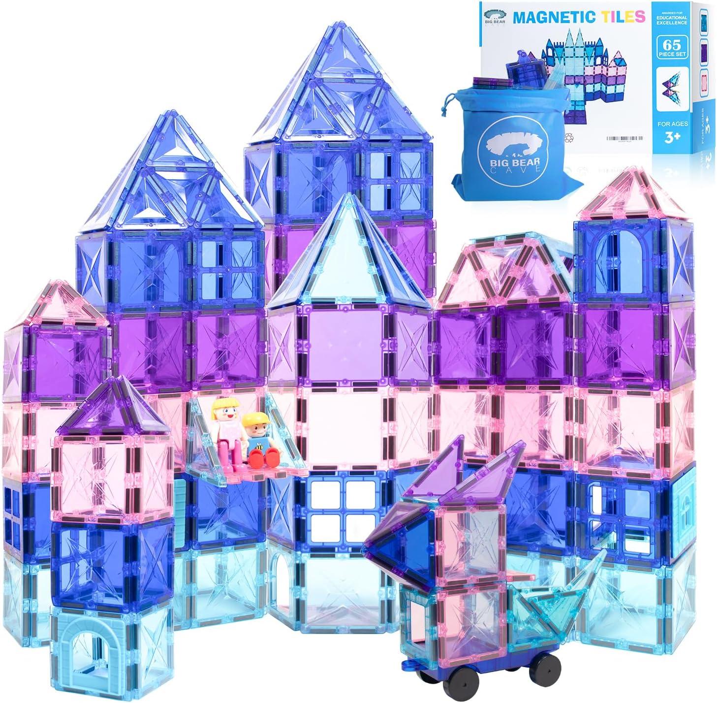 65pcs Frozen Castle Magnet Tiles Building Blocks - 3D STEM Educational Magnetic Tiles Building Blocks Toddler Boy Girls Toys Age 4-5 6-8+ for Pretend Play and Birthday