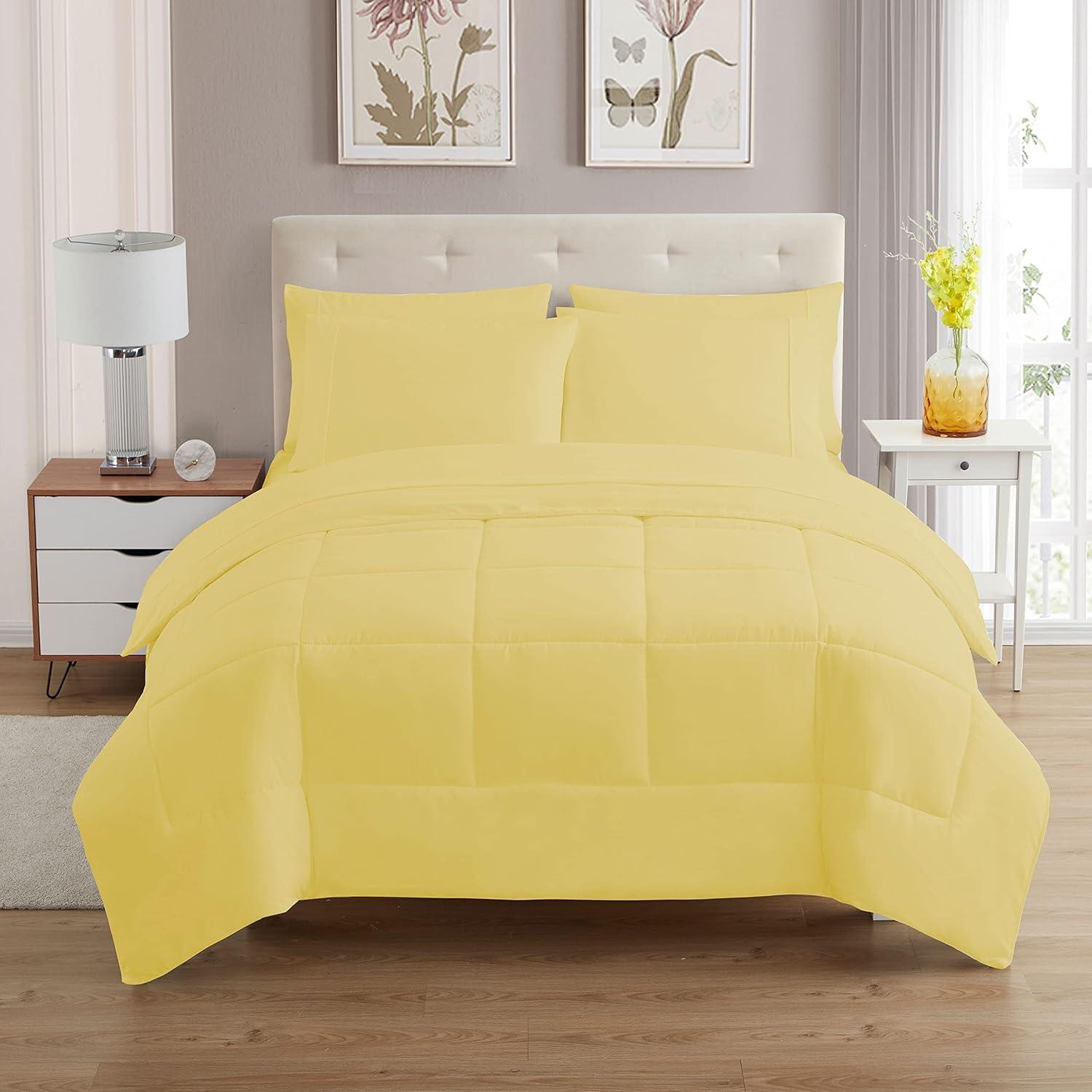 Bed-in-A-Bag Solid Color Comforter & Sheet Set Soft All Season Bedding, Twin XL, Yellow