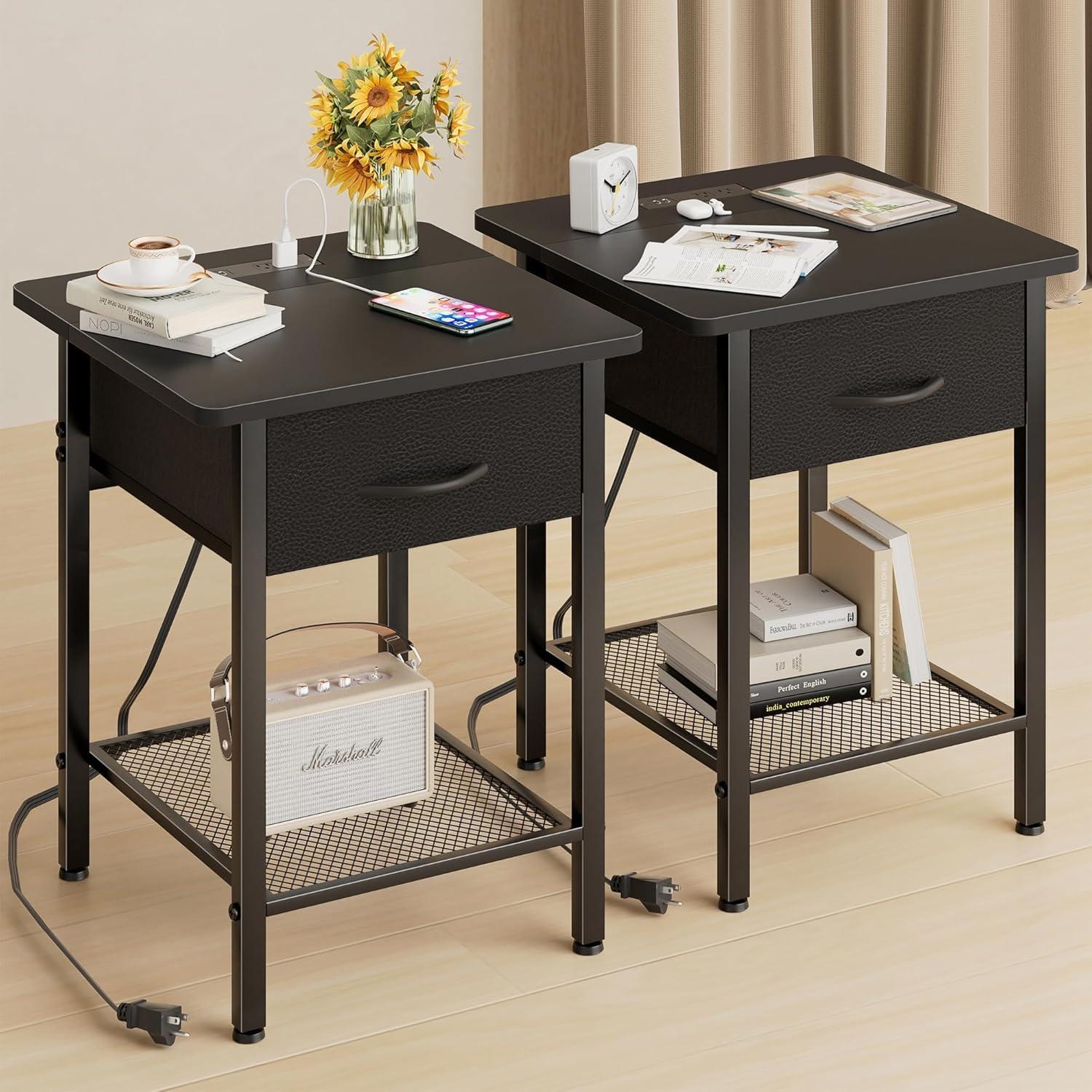 17 Stories Nightstands Set Of 2 With Charging Station And Fabric Storage Drawer,16.5" X 15.8" Side Table With Storage For Bedroom, Bedside Tables With Steel Fram