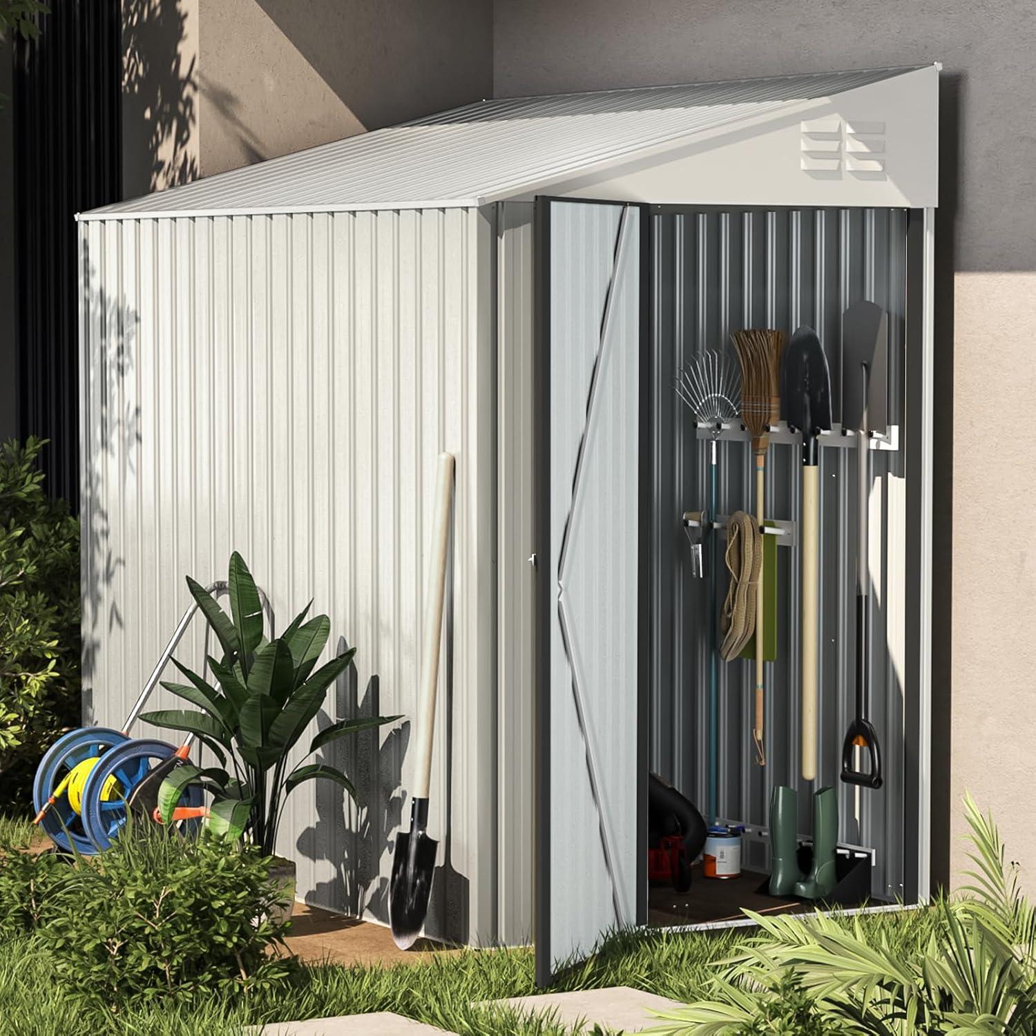 White Metal Lean-to Outdoor Storage Shed with Lockable Door