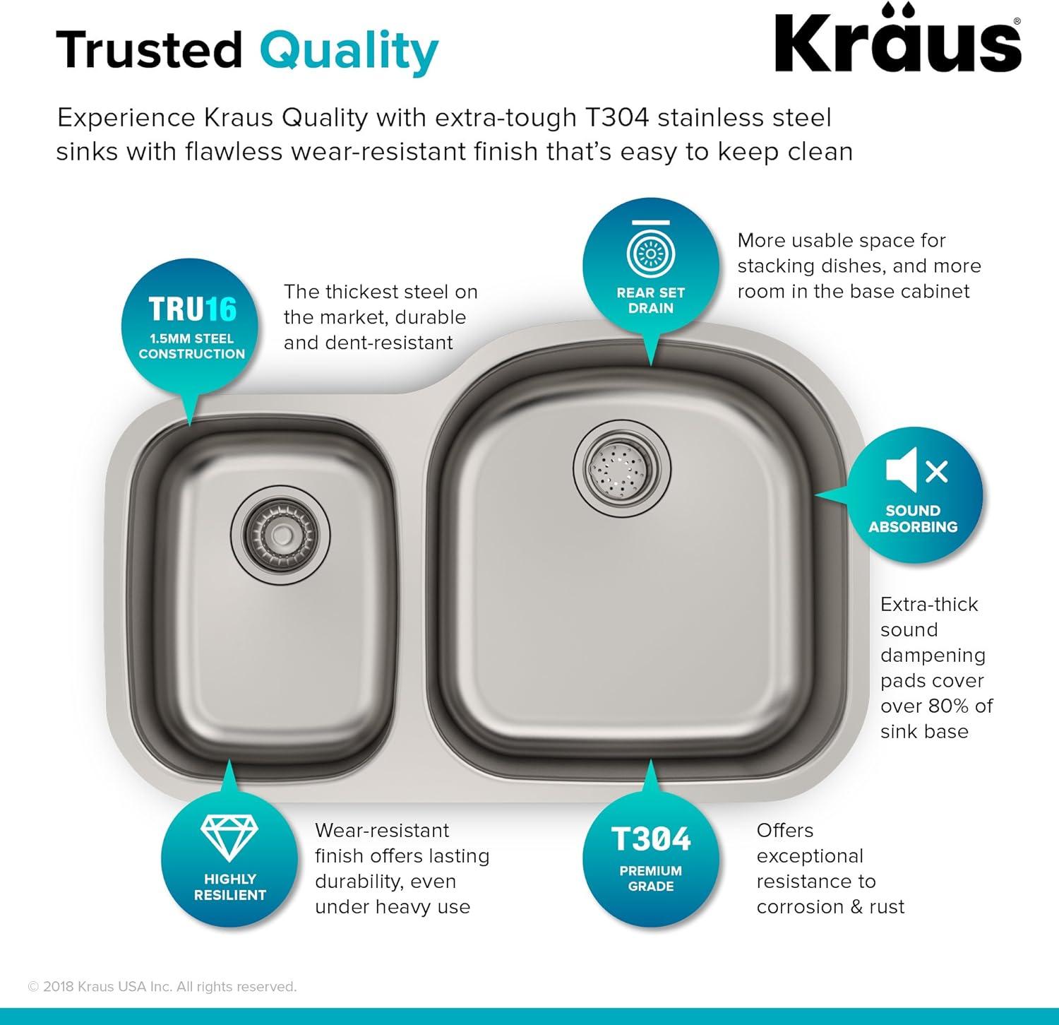 KRAUS Premier 32-inch L 16 Gauge Undermount 60/40 Double Bowl Stainless Steel Kitchen Sink