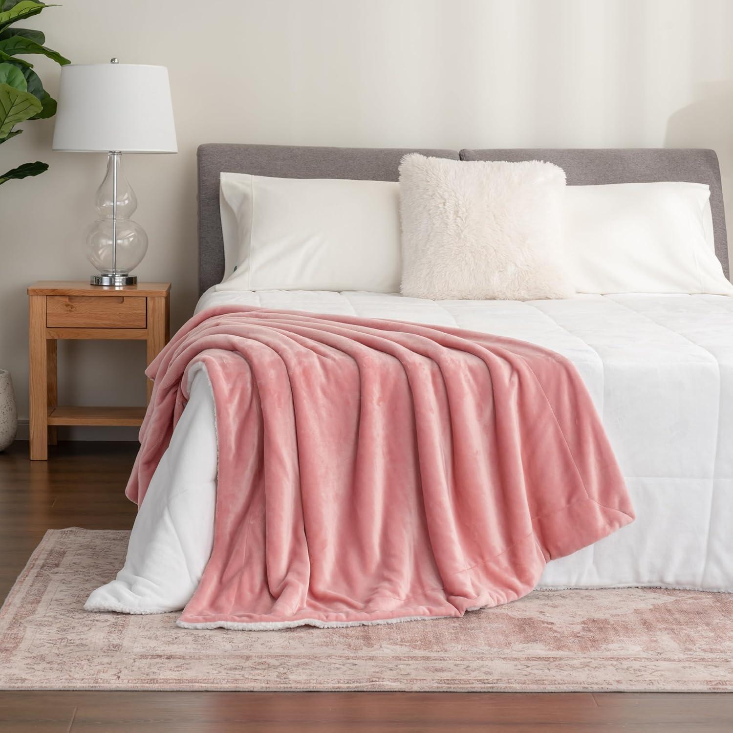 Berkshire Blanket-Sherpa Throw Blanket, Warm and Soft Loftmink Reversible Throw for Couch, Sofa and Travel, Frosty Mauve, 50 in x 60 in