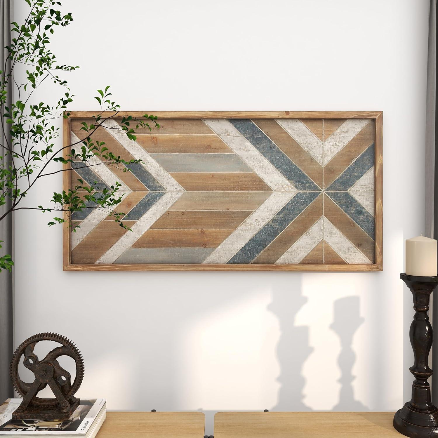 DecMode Farmhouse Distressed Rectangular Wood Wall Décor with Multi Colored Geometric Pattern, 46"W x 23"H