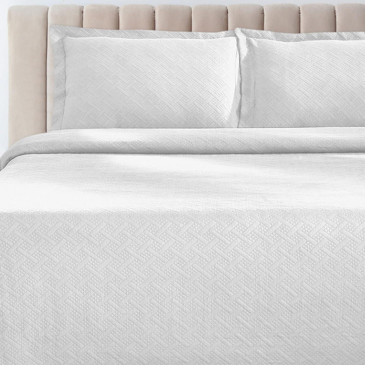 Jacquard Matelass 100% Cotton Basketweave 3-Piece Bedspread Set, Embossed Cotton Fabric, Soft, Breathable, Medium Weight, Basketweave, Oversized Bedding, King, White by Blue Nile Mills