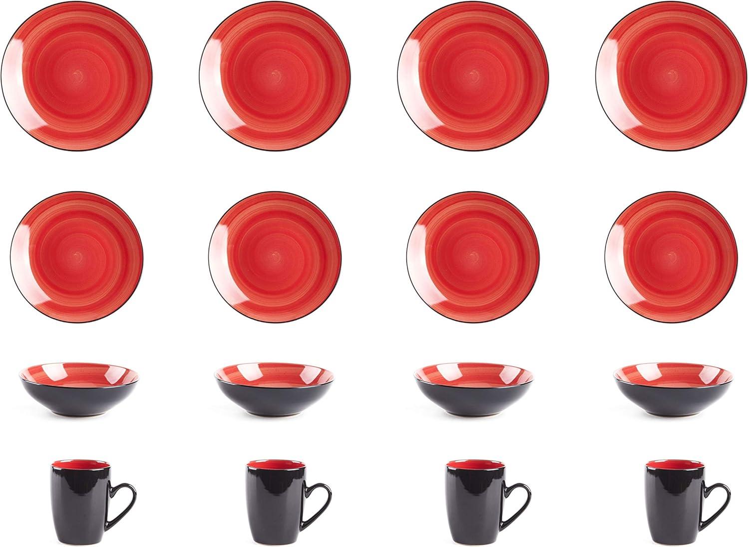 Bestone 16 Piece Dinnerware Set, Stoneware, Chip Resistant, Dinnerware Sets, Plates, Dishes, Bowls, Service for 4, Square，Red and Black