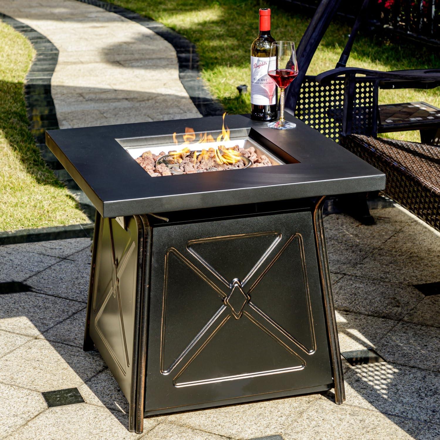 28" Black Iron Propane Fire Pit Table with Lava Rocks