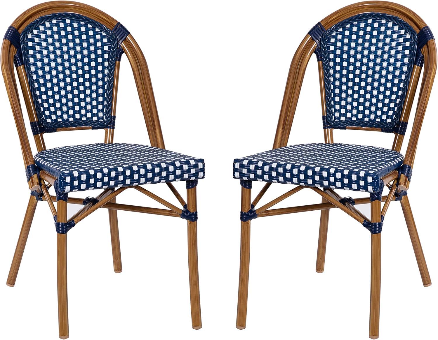 Flash Furniture Bordeaux Set of 2 Indoor/Outdoor Commercial Bistro Stacking Chairs, PE Rattan Back and Seat, Bamboo Print Aluminum Frame