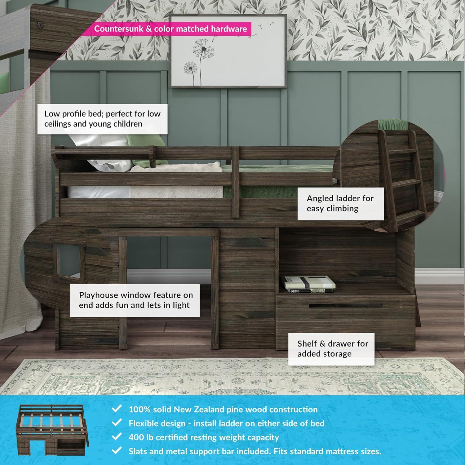 Max & Lily  Modern Farmhouse Low Loft Bed with Storage Drawer, Solid Wood Bed for Kids