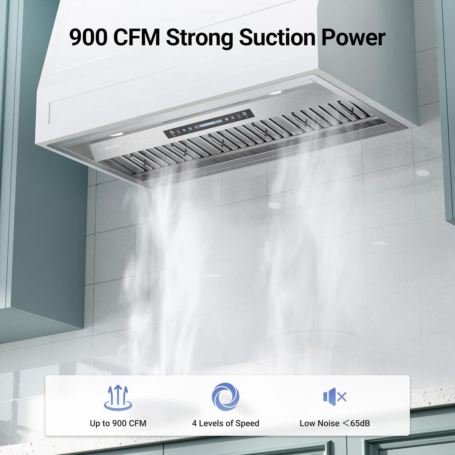 IKTCH 42 inch Built-in/Insert Range Hood 900 CFM, Ducted/Ductless Convertible Duct, Stainless Steel Kitchen Vent Hood with 2 Pcs Adjustable Lights and 3 Pcs Baffle Filters with Handlebar(IKB02-42'')